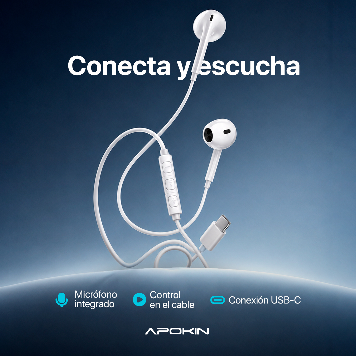 Auriculares blancos con USB-C, micrófono integrado y control en el cable sobre fondo azul.
