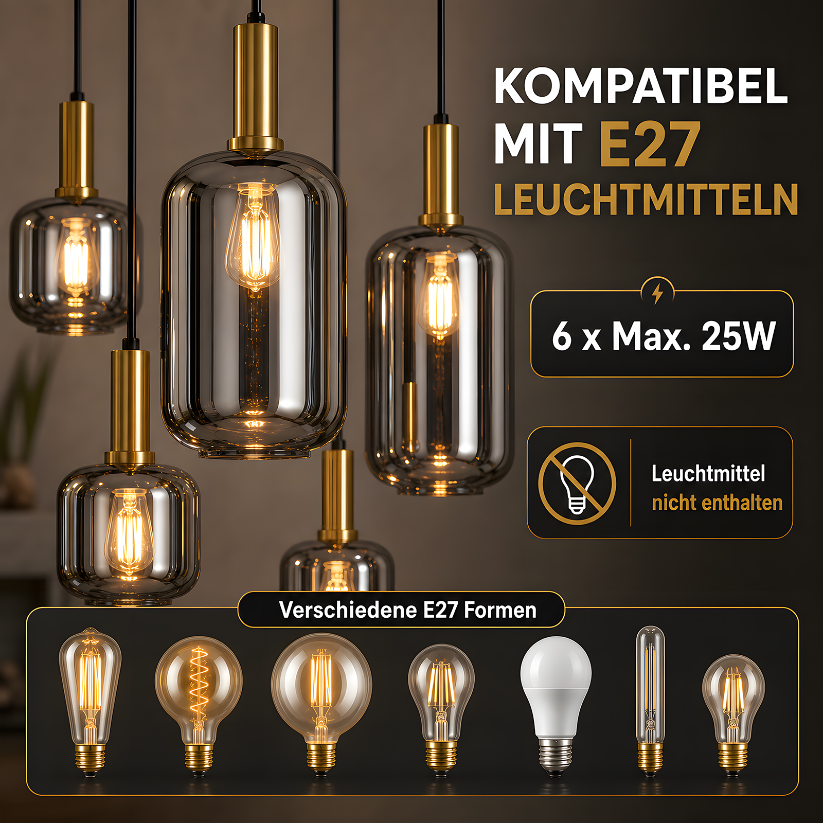Nowoczesna lampa wisząca z dymionymi szklanymi kloszami i oprawkami E27 oraz tekstem szczegółów.