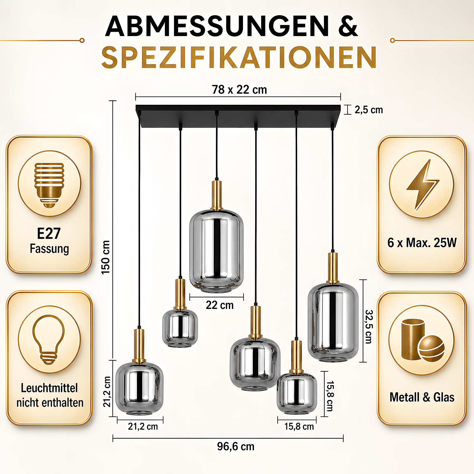 Schemat lampy wiszącej z sześcioma żarówkami o wymiarach w centymetrach i gniazdem E27.