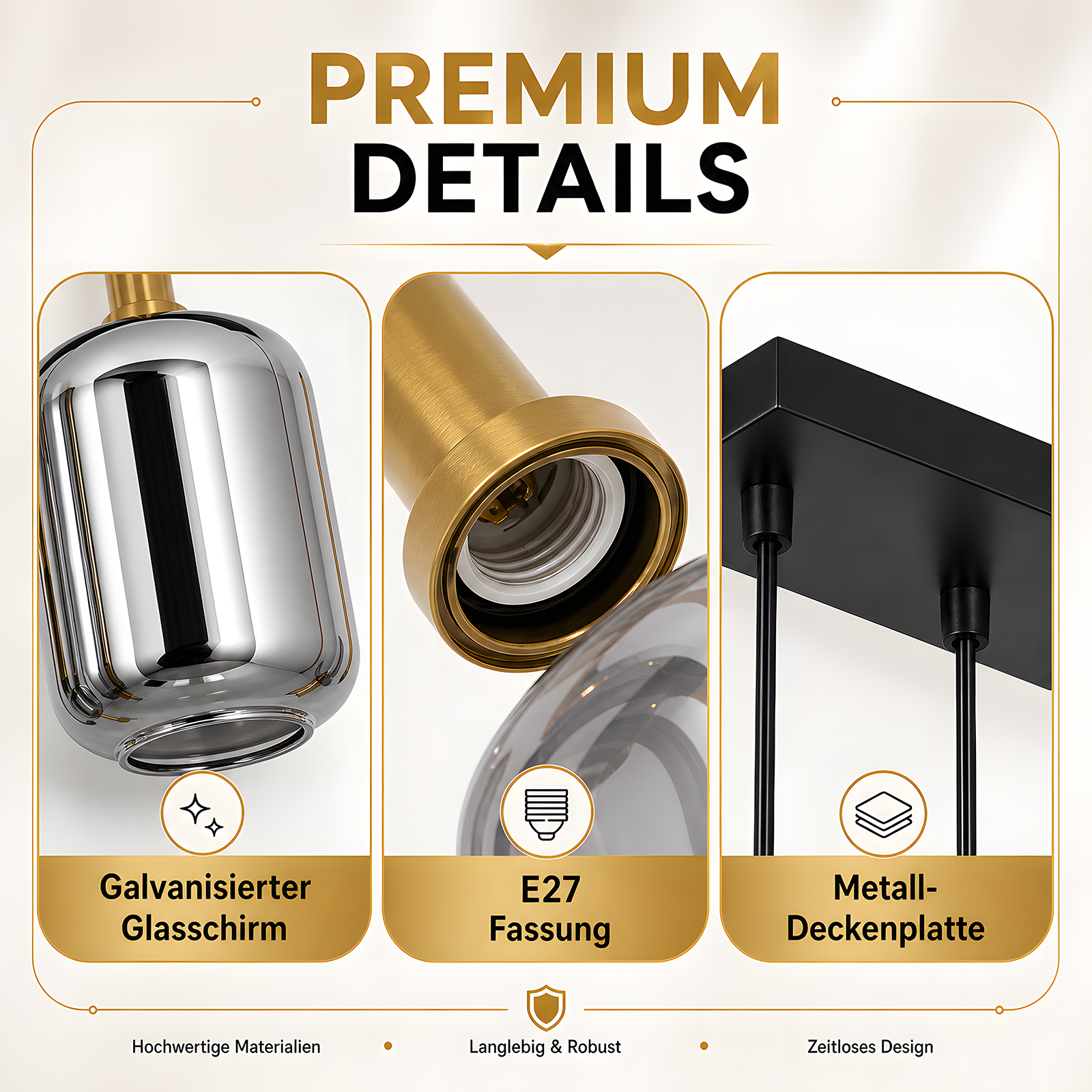 Szczegóły lampy premium: galwanizowany szklany klosz, oprawka E27 i metalowa płyta sufitowa.