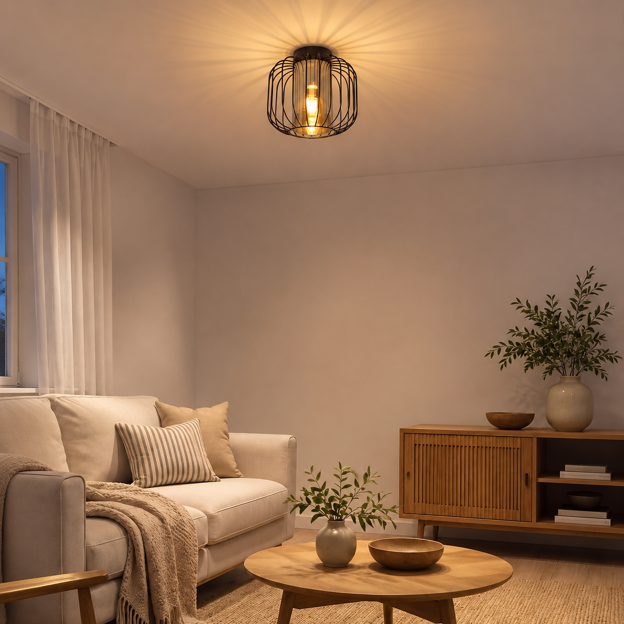 Przytulny salon z beżową sofą, drewnianym stolikiem kawowym, szafką i czarną lampą sufitową.