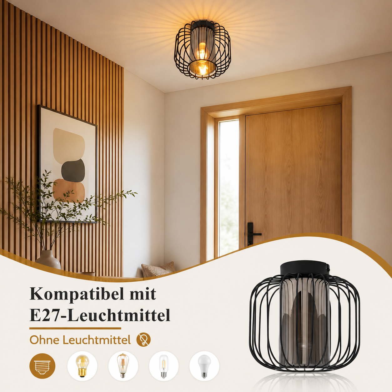 Czarna metalowa lampa sufitowa z kloszem z siatki w przedpokoju z drewnianymi panelami; żarówki E27.