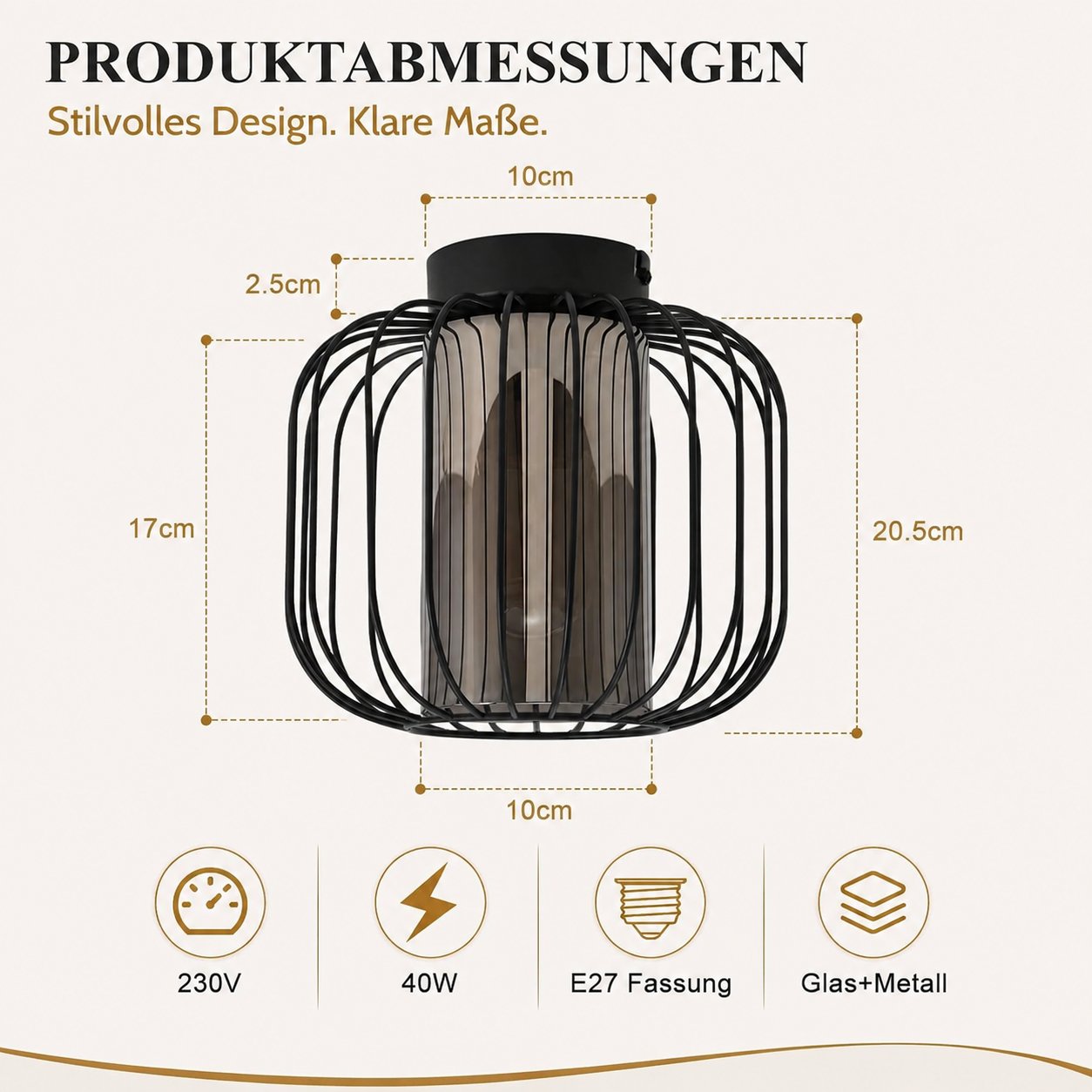Rysunek techniczny wymiarów lampy: 10cm, 17cm, 20.5cm, z ikonami 230V, 40W, gwint E27, szkło i metal.