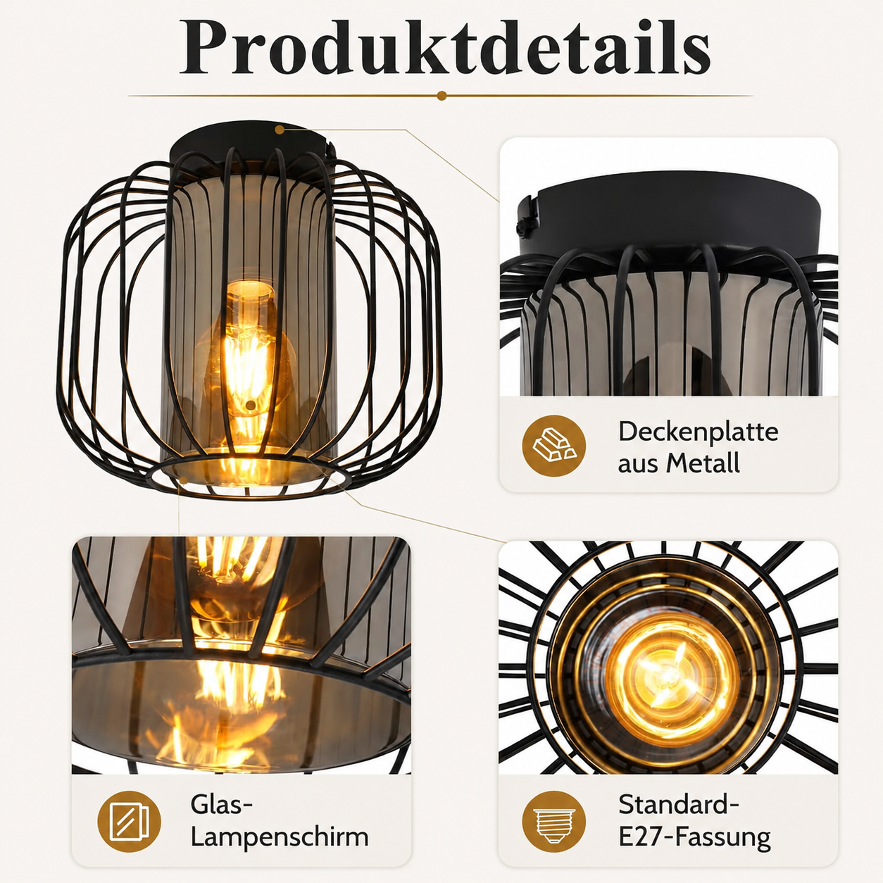 Szczegóły produktu lampy sufitowej z czarną metalową kratą, szklanym kloszem, płytą sufitową i oprawą E27.