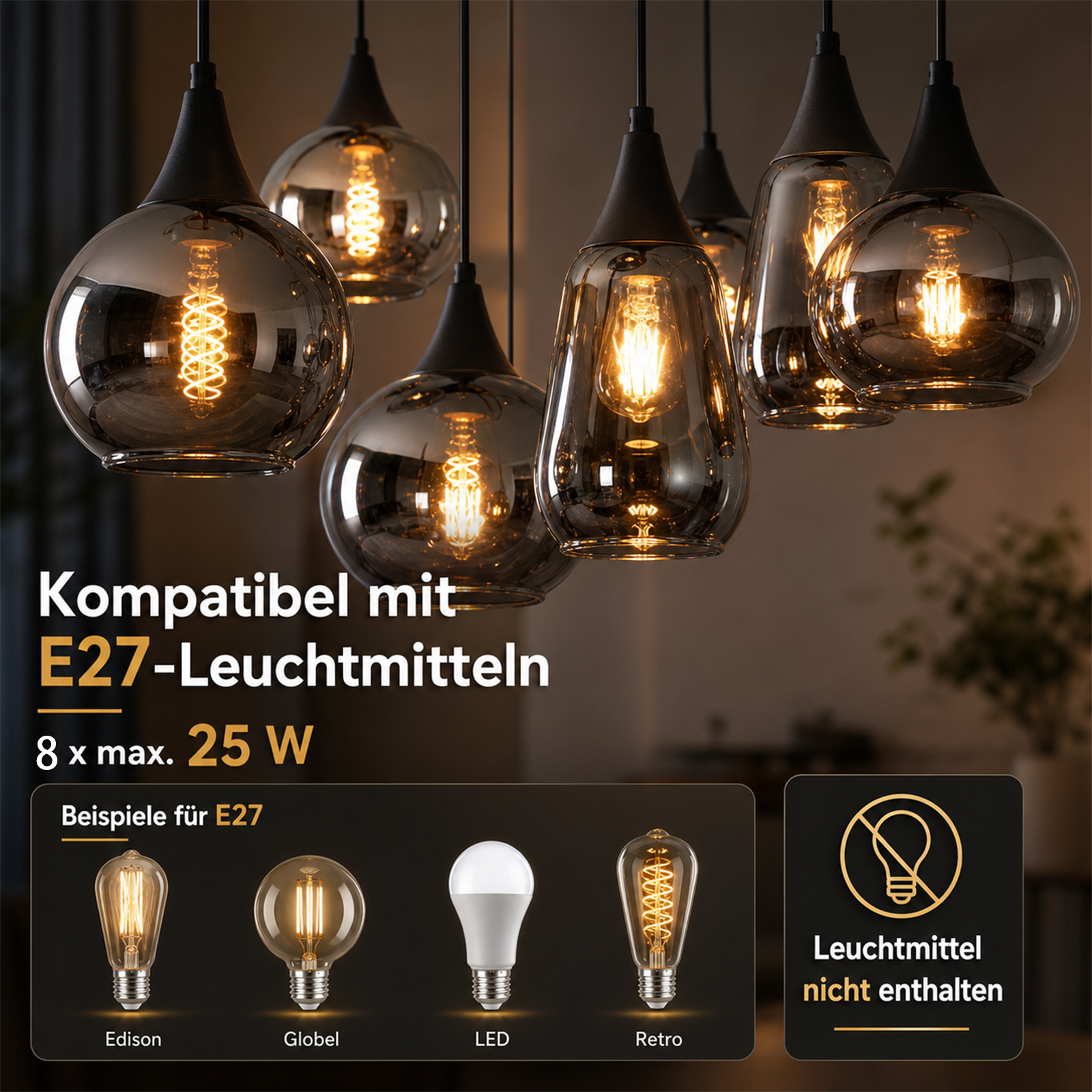 Lampy wiszące z dymionego szkła z oprawkami E27, tekst o kompatybilności.