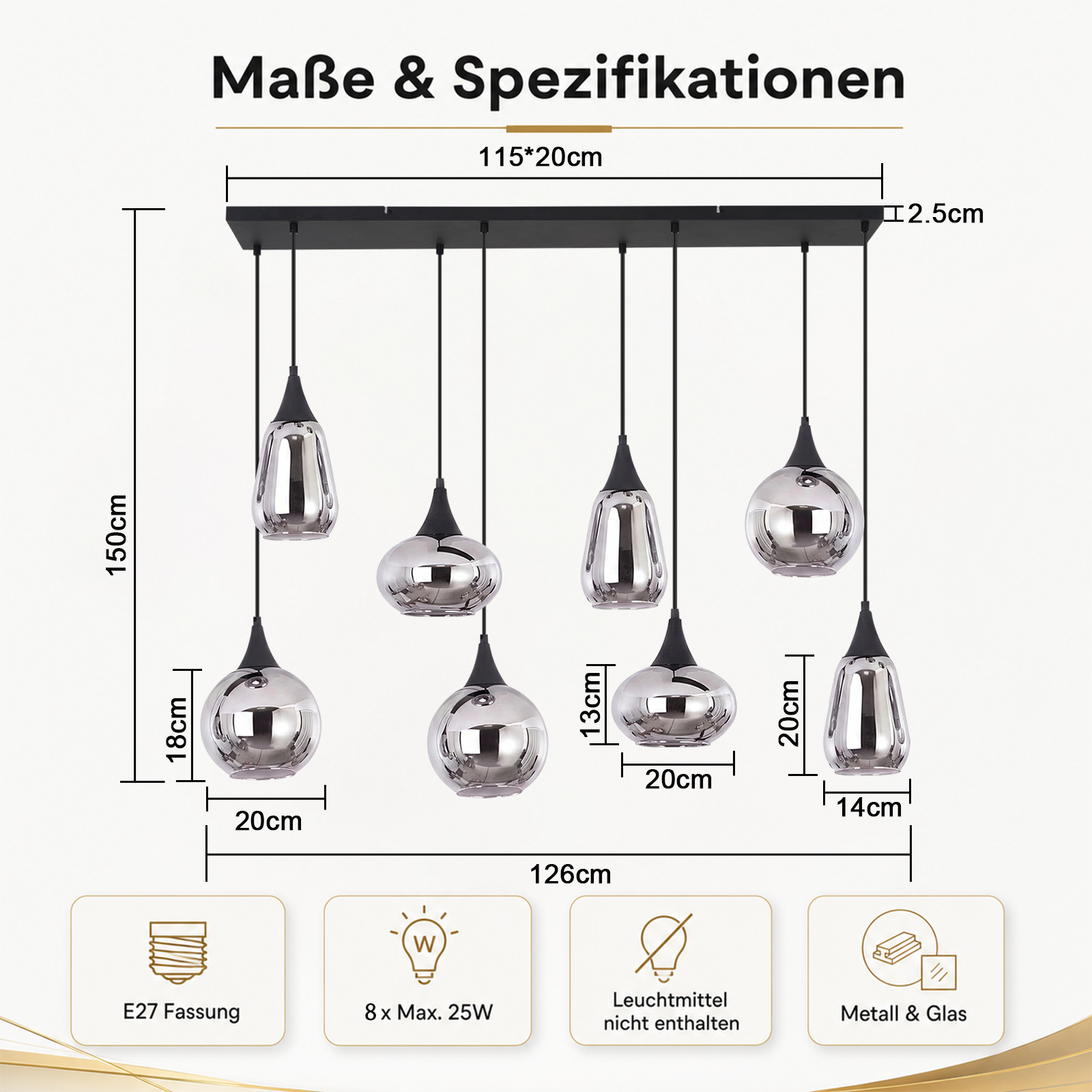 Rysunek techniczny nowoczesnej lampy wiszącej ze szklanymi kloszami i wymiarami.