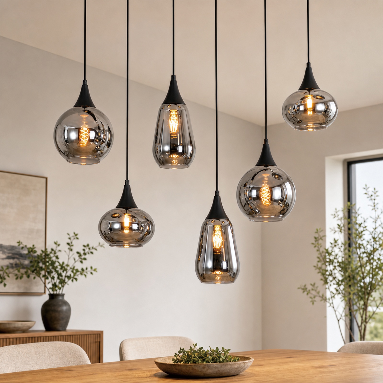 Sześć nowoczesnych lamp wiszących z szasymi szklanymi kloszami wisi nad drewnianym stołem.