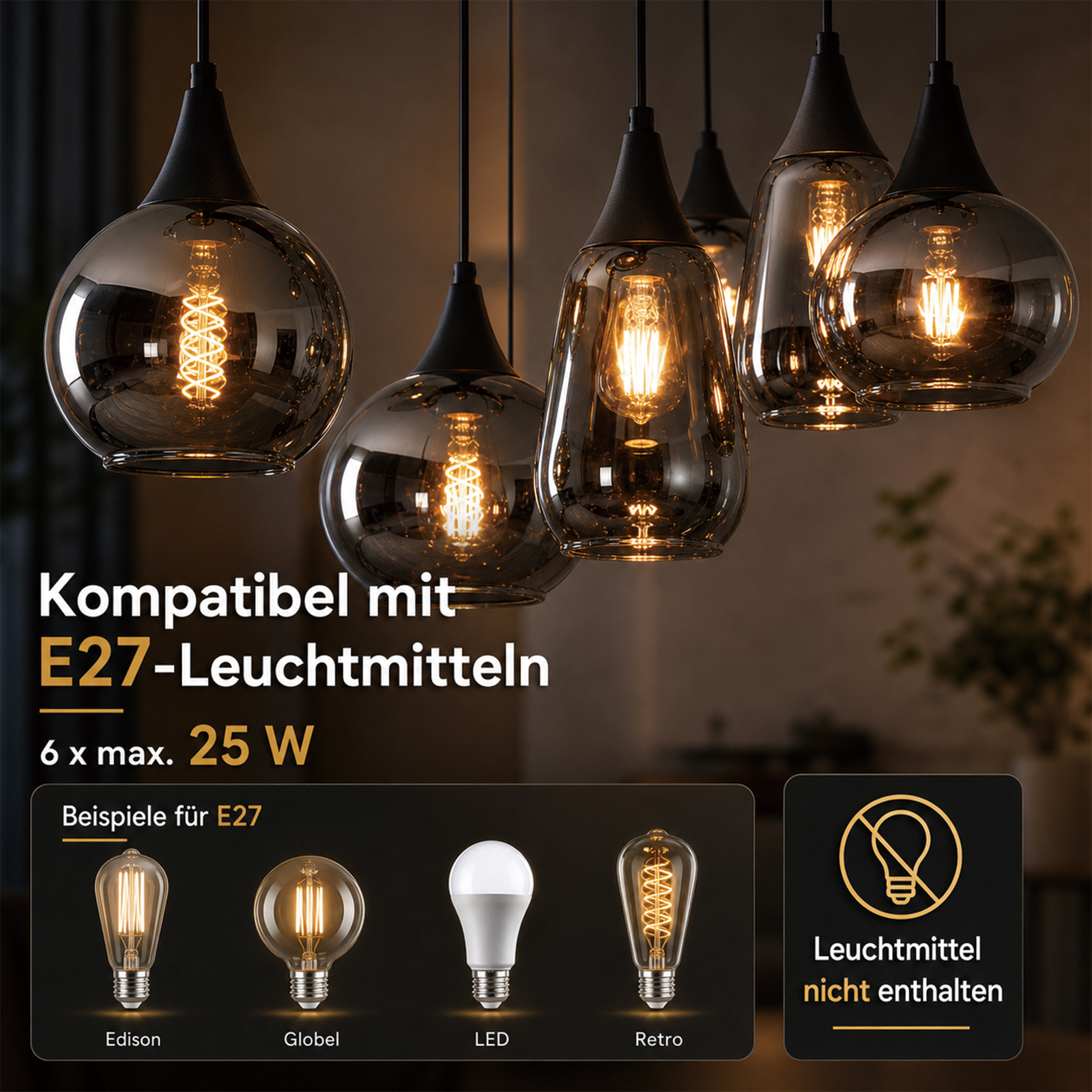 Sześć szarych nowoczesnych lamp wiszących z ciepłymi żarówkami Edison i tekstem o żarówkach E27.