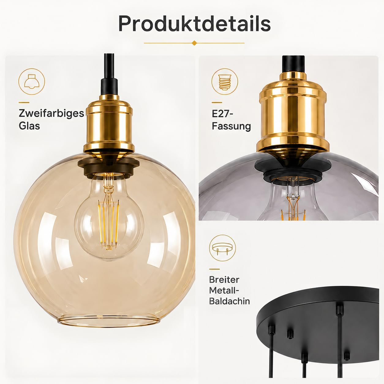 Detalles del producto de una lámpara colgante con vidrio bicolor, casquillo E27 y dosel de metal negro.