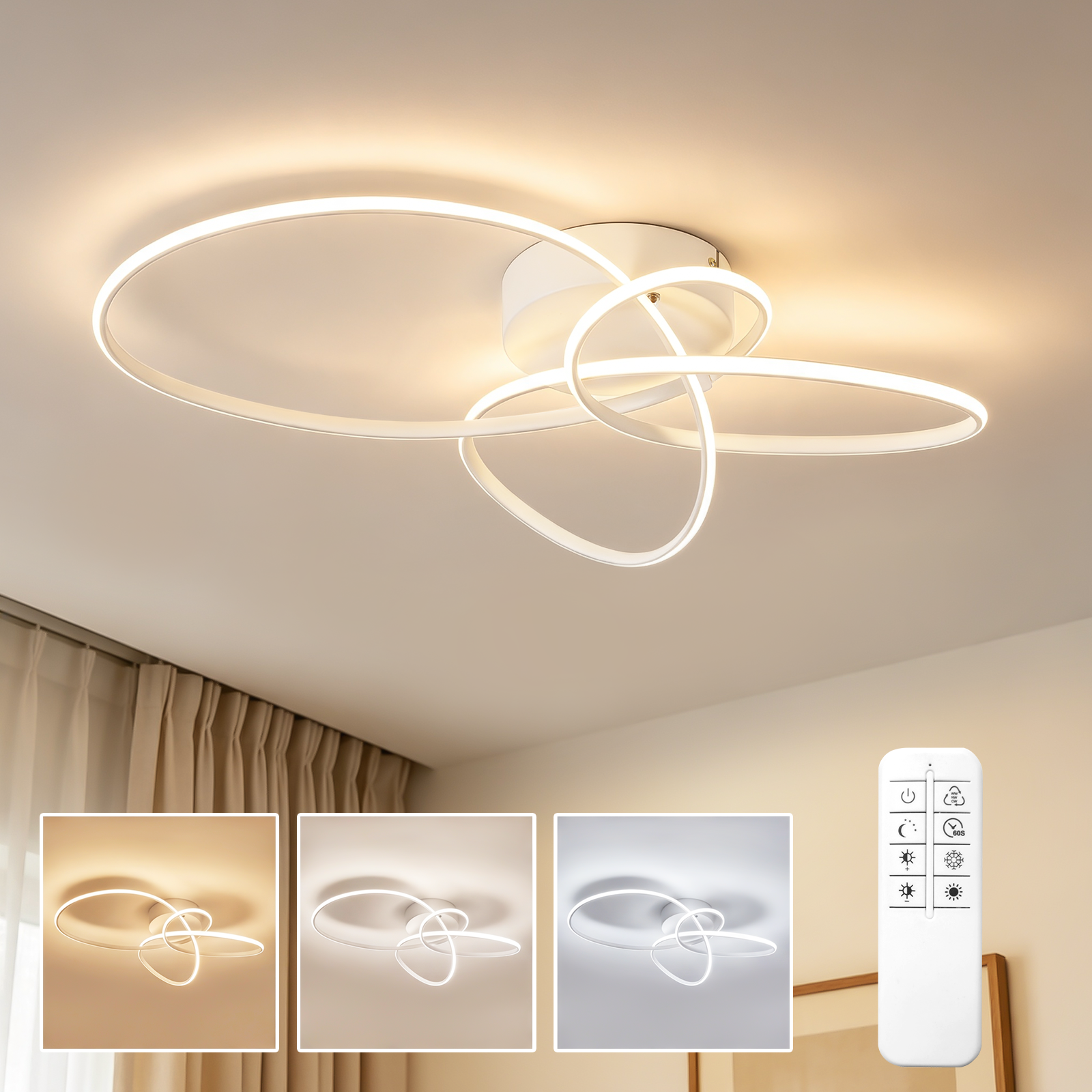 Nowoczesna biała lampa sufitowa LED z zazębiającymi się pierścieniami i pilotem.