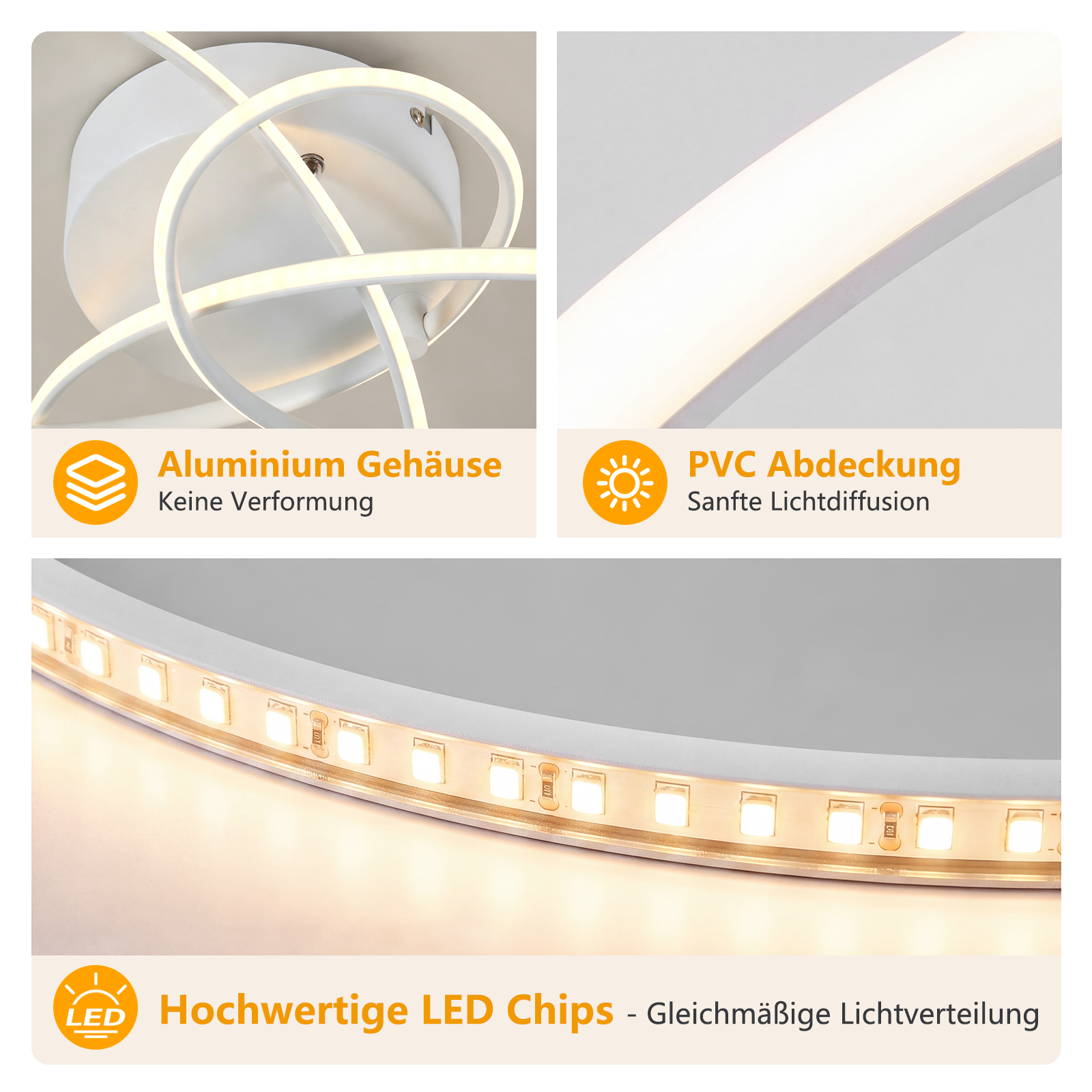 Trzy panele przedstawiające cechy lampy sufitowej LED: aluminiowa rama, osłona PCV i wysokiej jakości chipy LED.