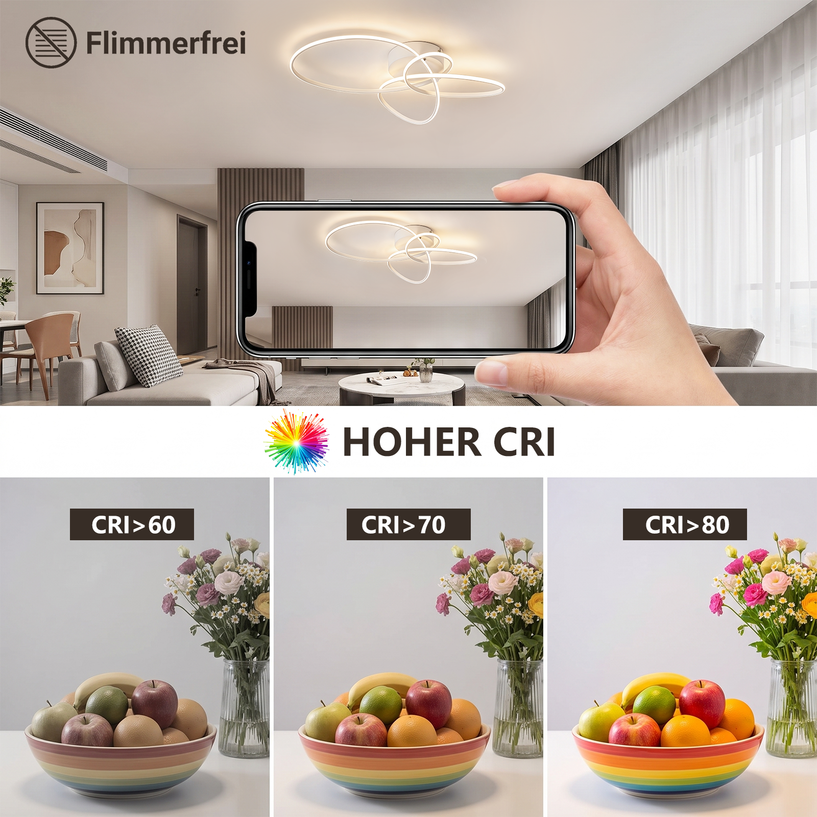 Ręka trzyma smartfon z lampą sufitową; poniżej trzy porównania oddawania barw CRI<gt/>60, CRI<gt/>70, CRI<gt/>80.