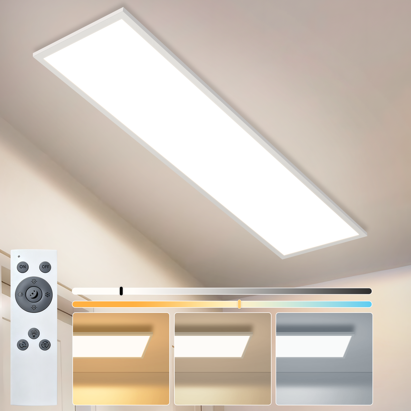 Prostokątna lampa sufitowa z pilotem i opcjami temperatury barwowej poniżej.