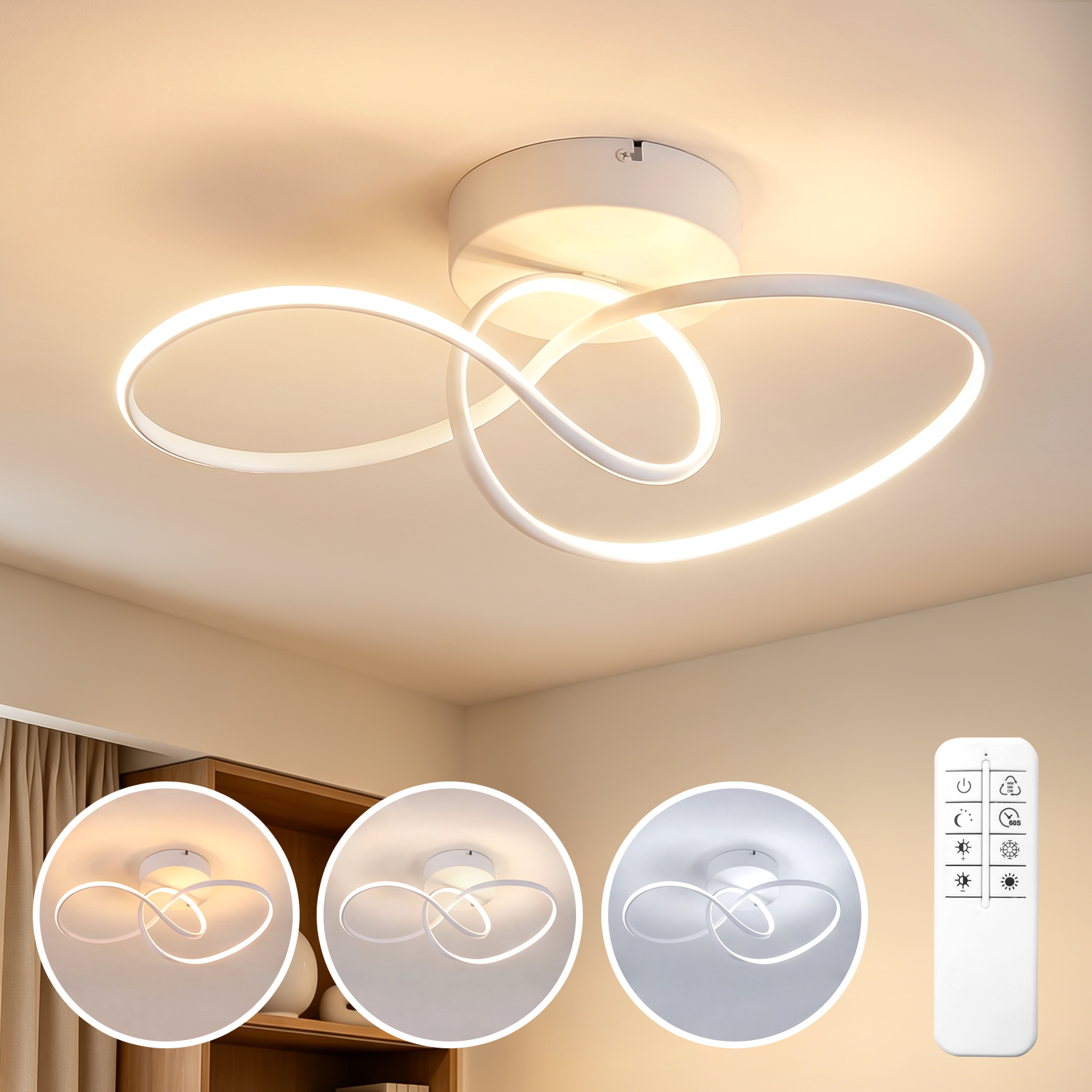 Nowoczesna biała lampa sufitowa LED z zapętlonym designem, trybami oświetlenia i pilotem.