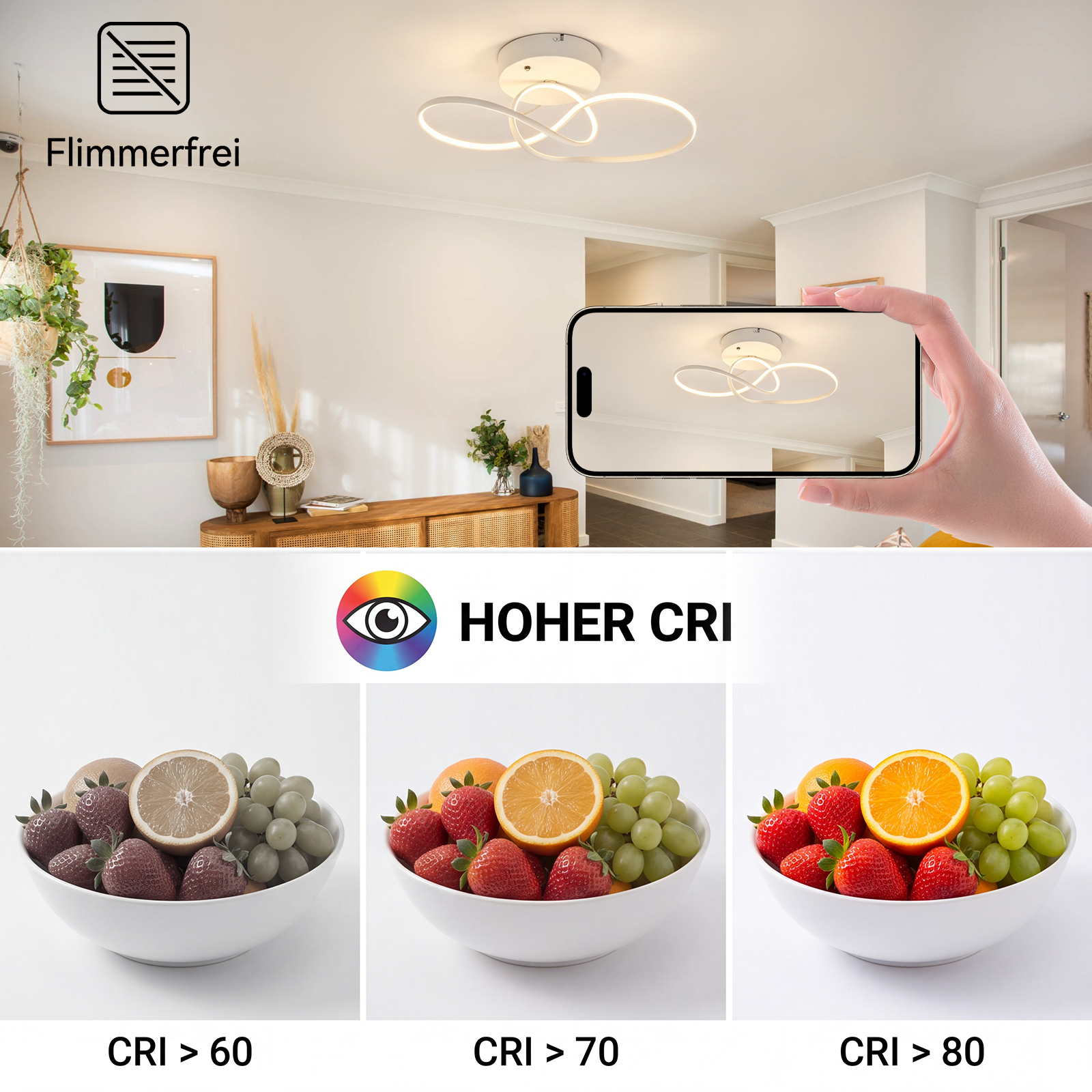 Lampa sufitowa jest fotografowana w pokoju, poniżej trzy miski z owocami pokazują efekt CRI.