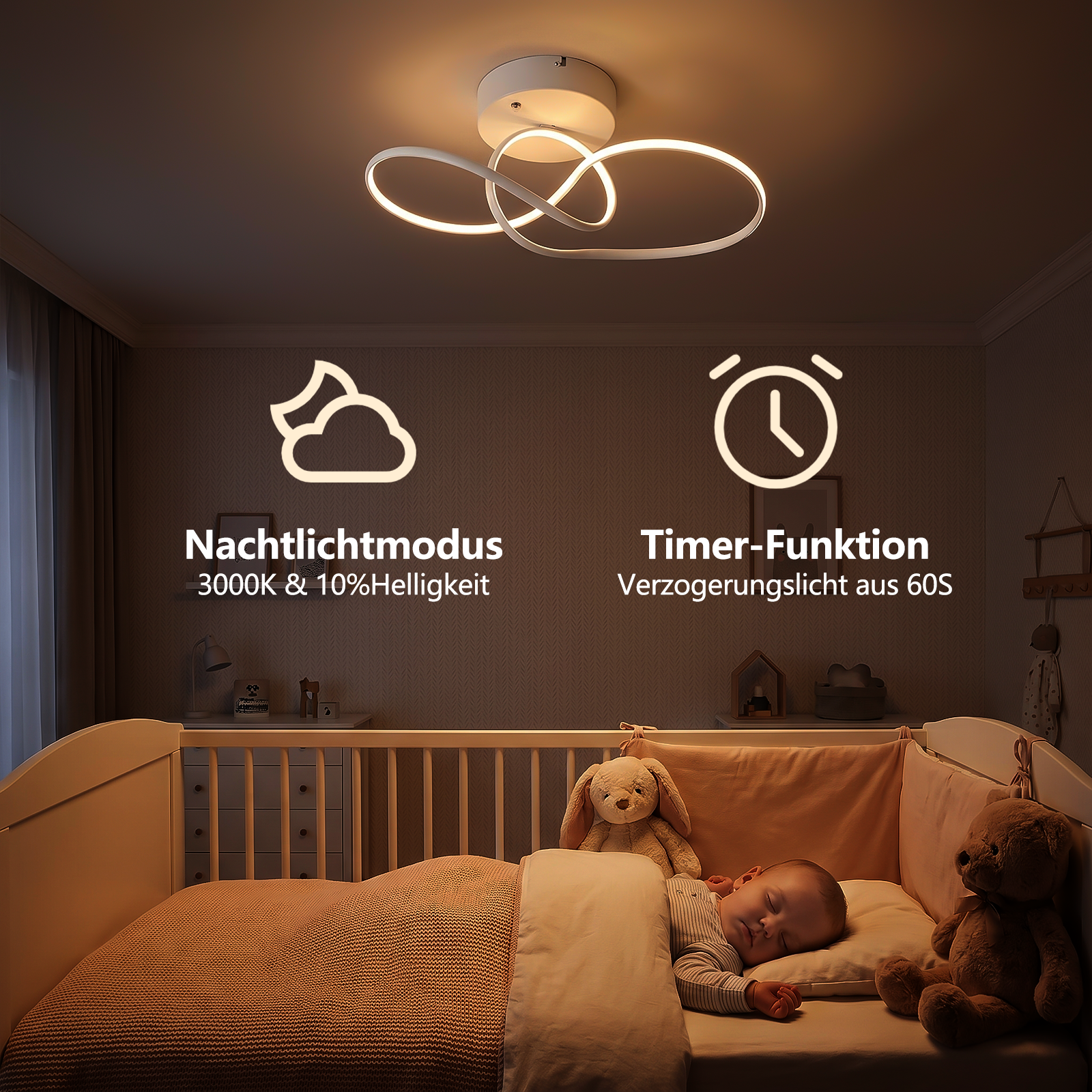Dziecko śpi w łóżeczku pod lampą sufitową LED z lampką i timerem.