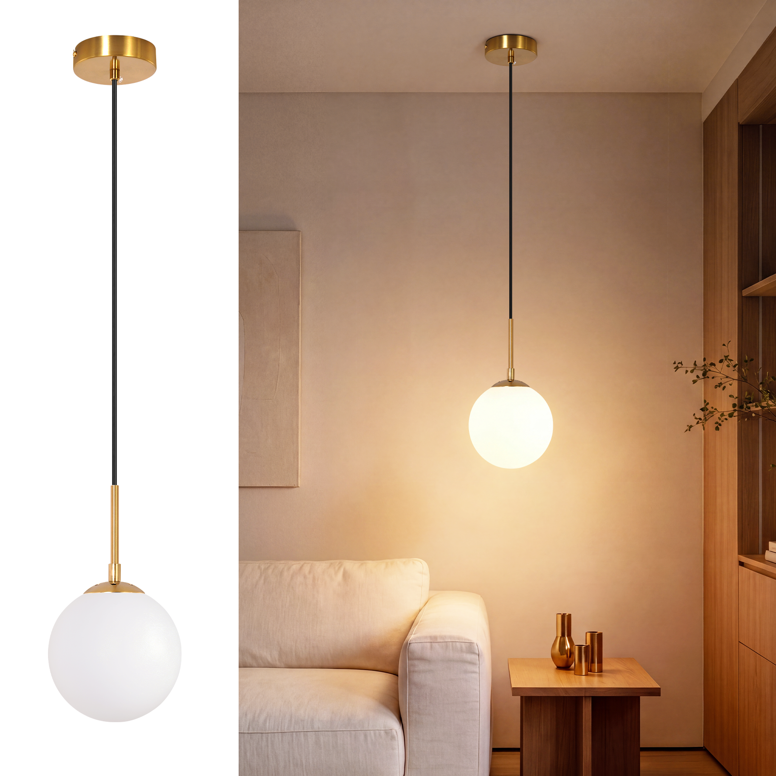 Wisząca lampa w ksztalcie kuli ze zlotym mocowaniem i czarnym kablem w cieplo urządzonym, nowoczesnym pokoju.
