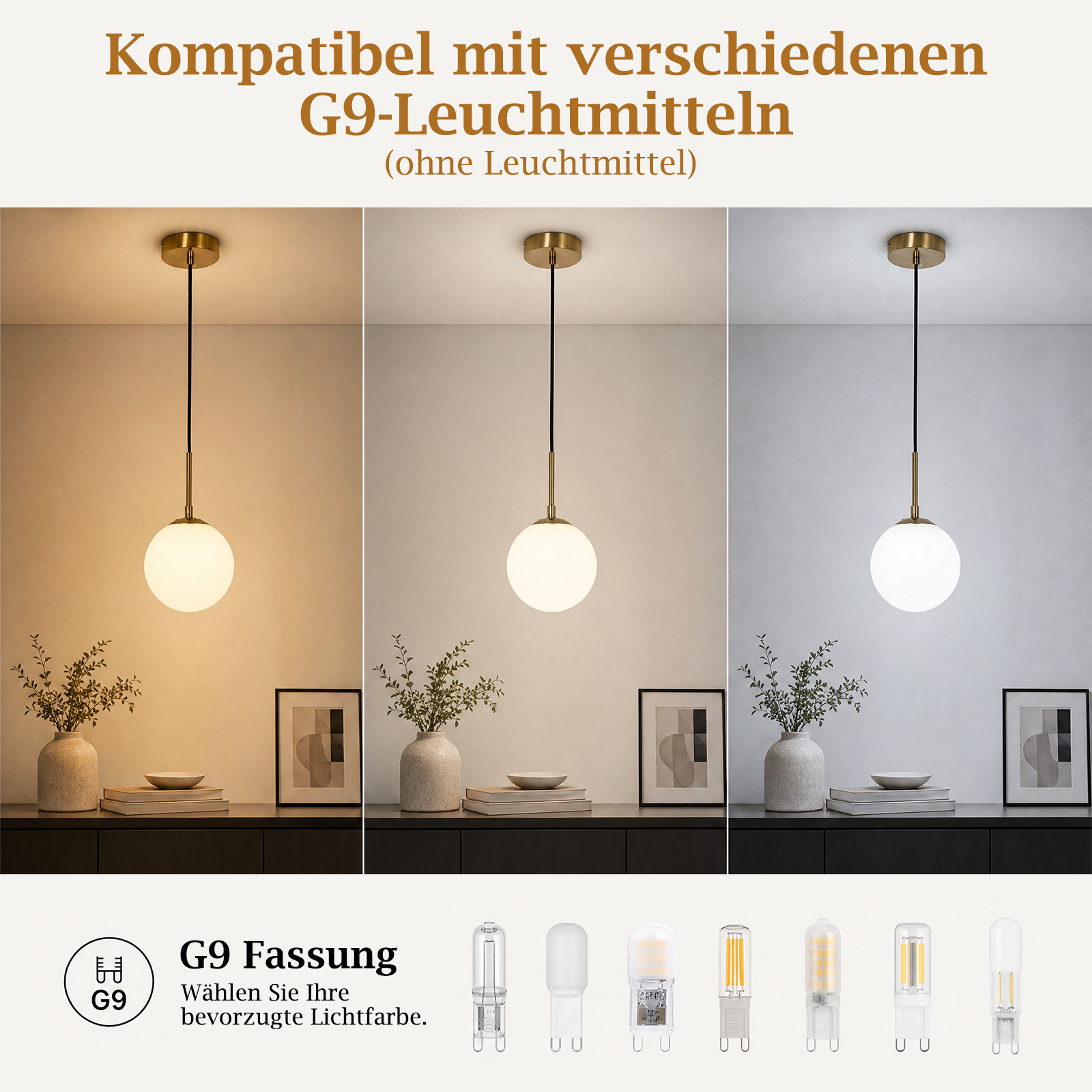 Trzy zdjęcia lampy wiszącej z różnymi żarówkami G9 i niemieckim tekstem.