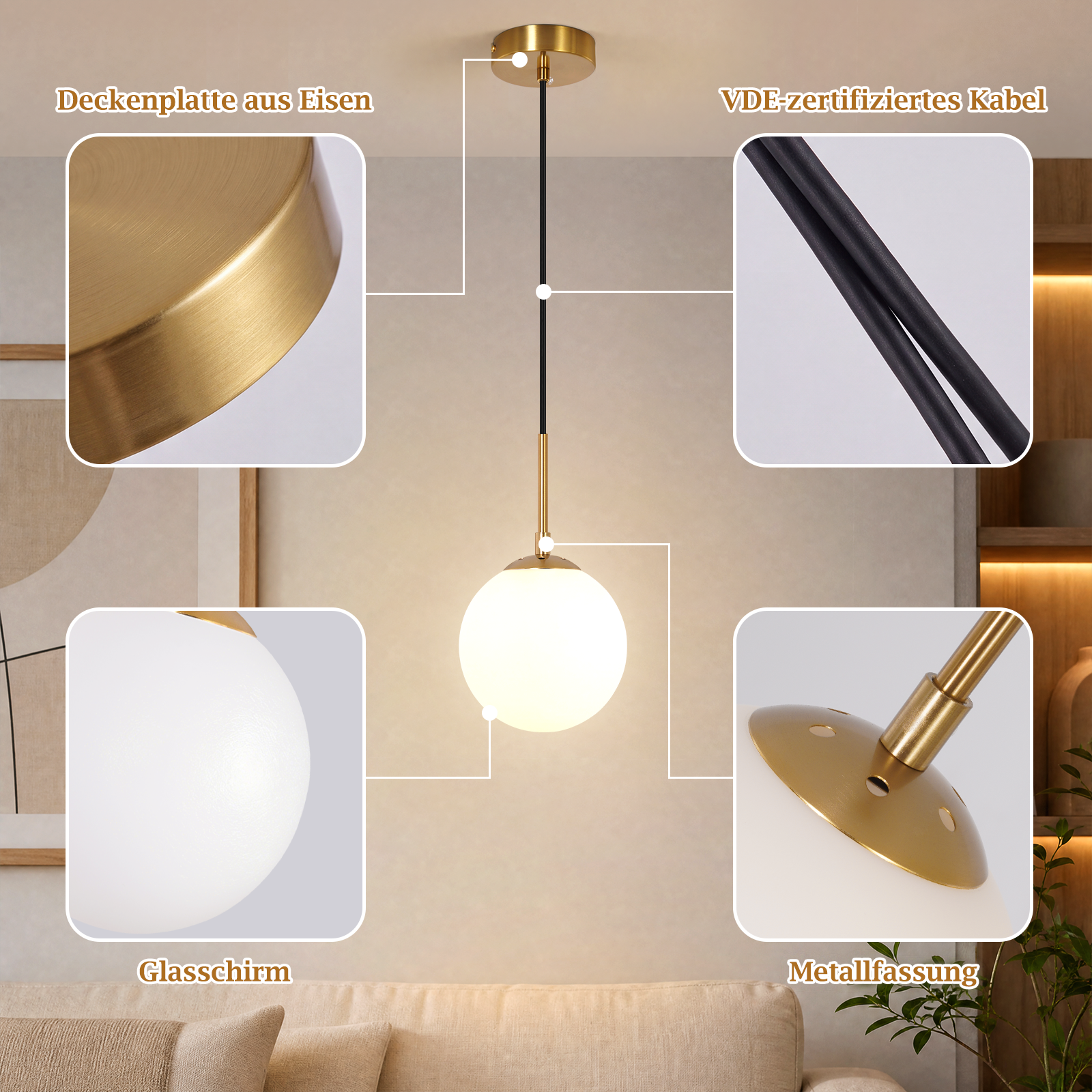 Lampa wisząca ze szczegółami płyty sufitowej, certyfikowanego kabla, klosza i metalowej oprawki.