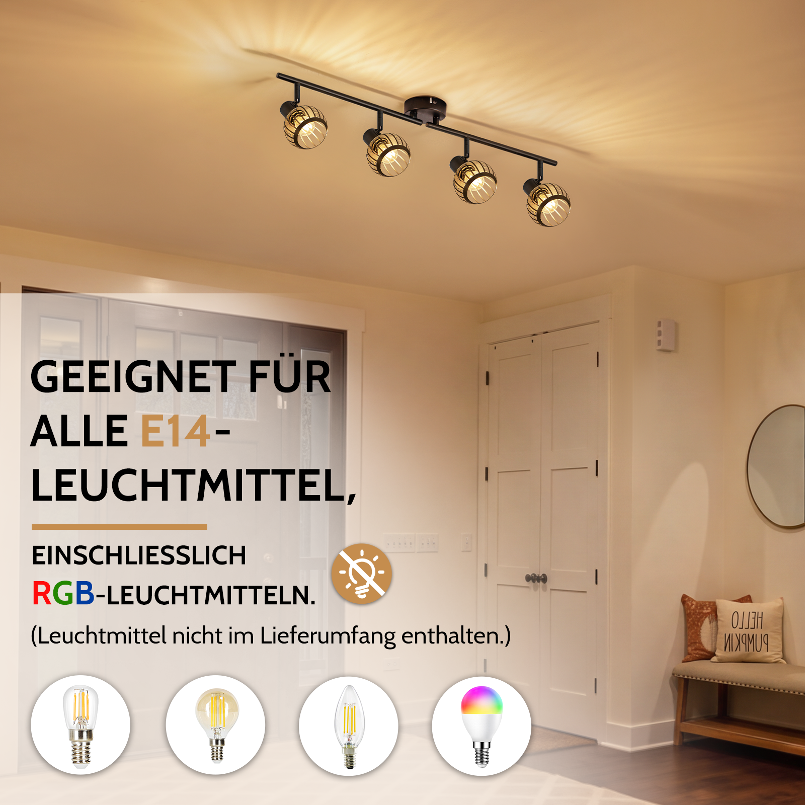 Lampa sufitowa z czterema reflektorami w jasnym korytarzu z tekstem.