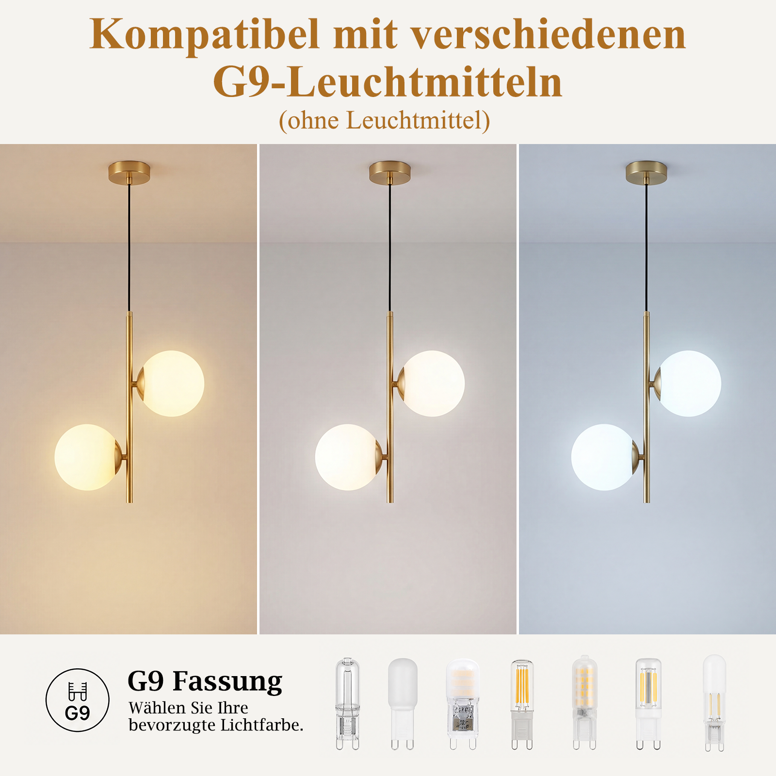 Złota lampa wisząca z dwoma okrągłymi szklanymi kulami w różnych kolorach światła i żarówkami G9.