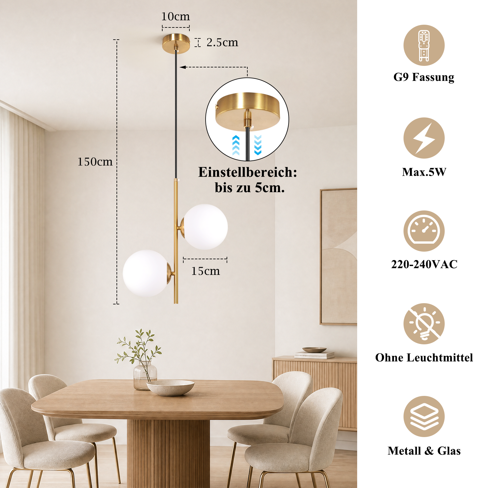 Nowoczesna lampa wisząca z dwoma białymi szklanymi kulami i złotymi detalami nad drewnianym stołem jadalnym.