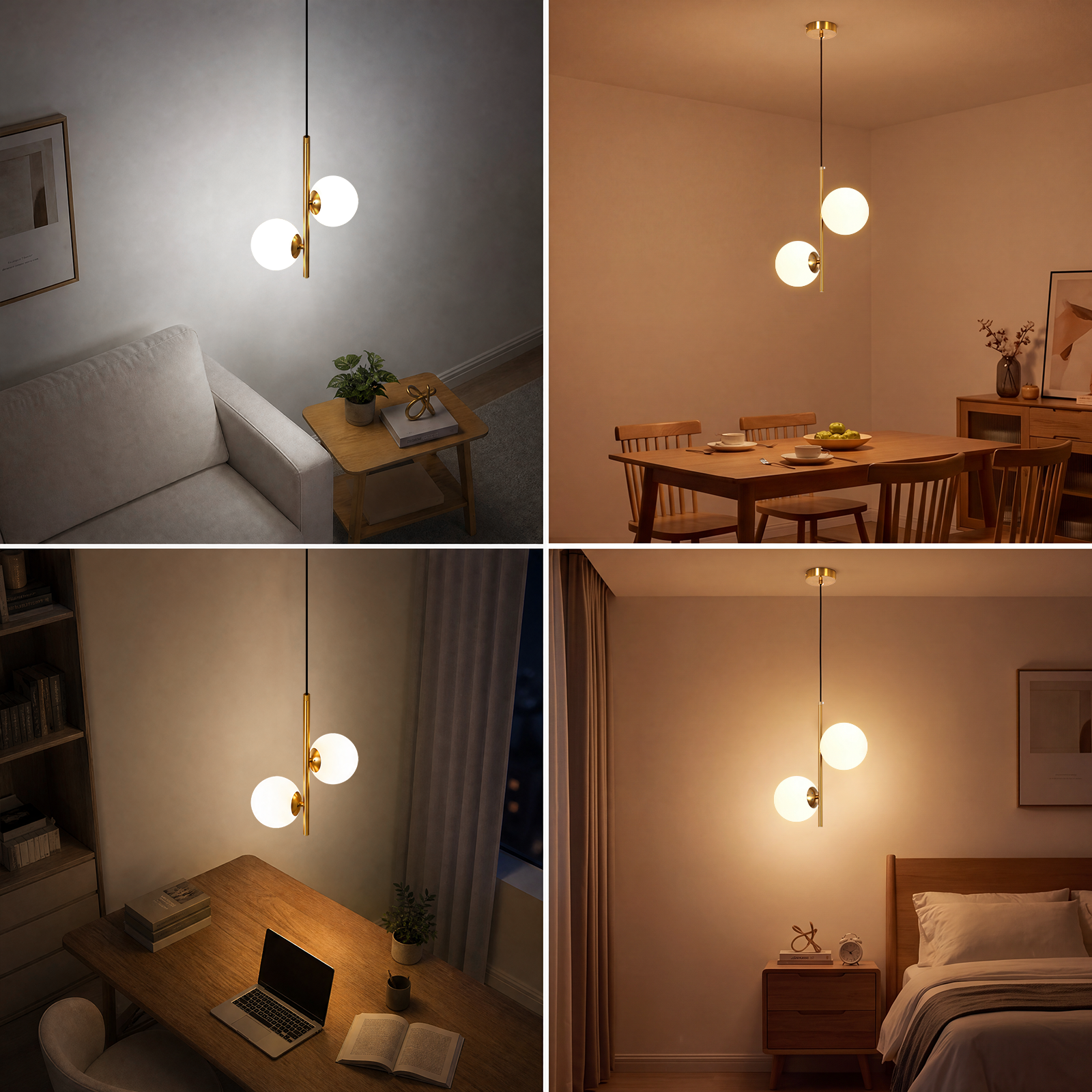 Nowoczesna dwukulista lampa wisząca oświetla salon, jadalnię, biurko i sypialnię w czterech widokach.