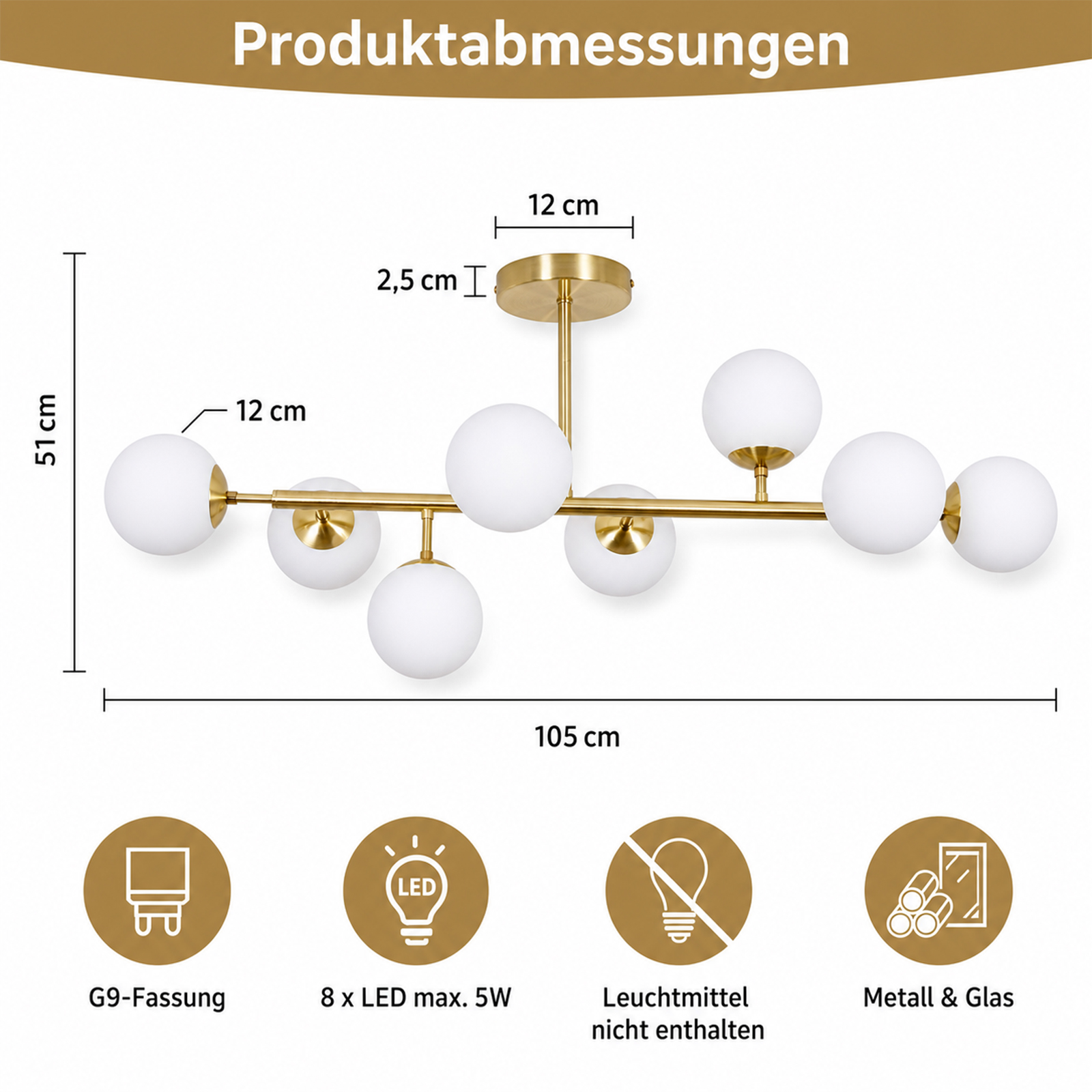 Rysunek techniczny mosiężnej lampy sufitowej z ośmioma białymi szklanymi kulami, wymiarami i ikonami.