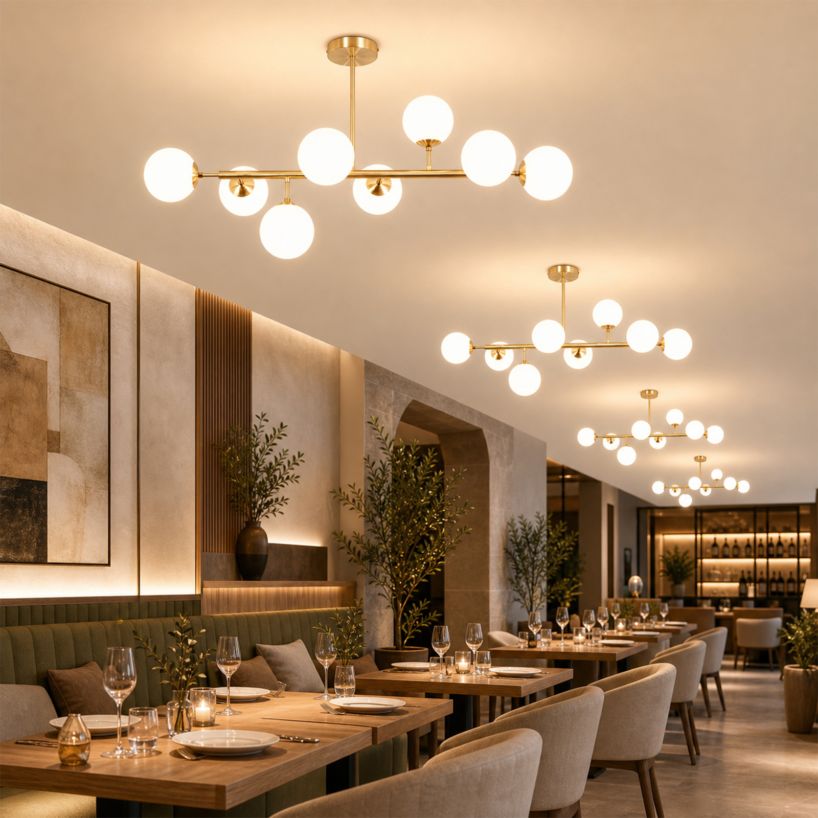 Luksusowe wnętrze restauracji ze złotymi żyrandolami kulistymi, nakrytymi stołami i roślinami.