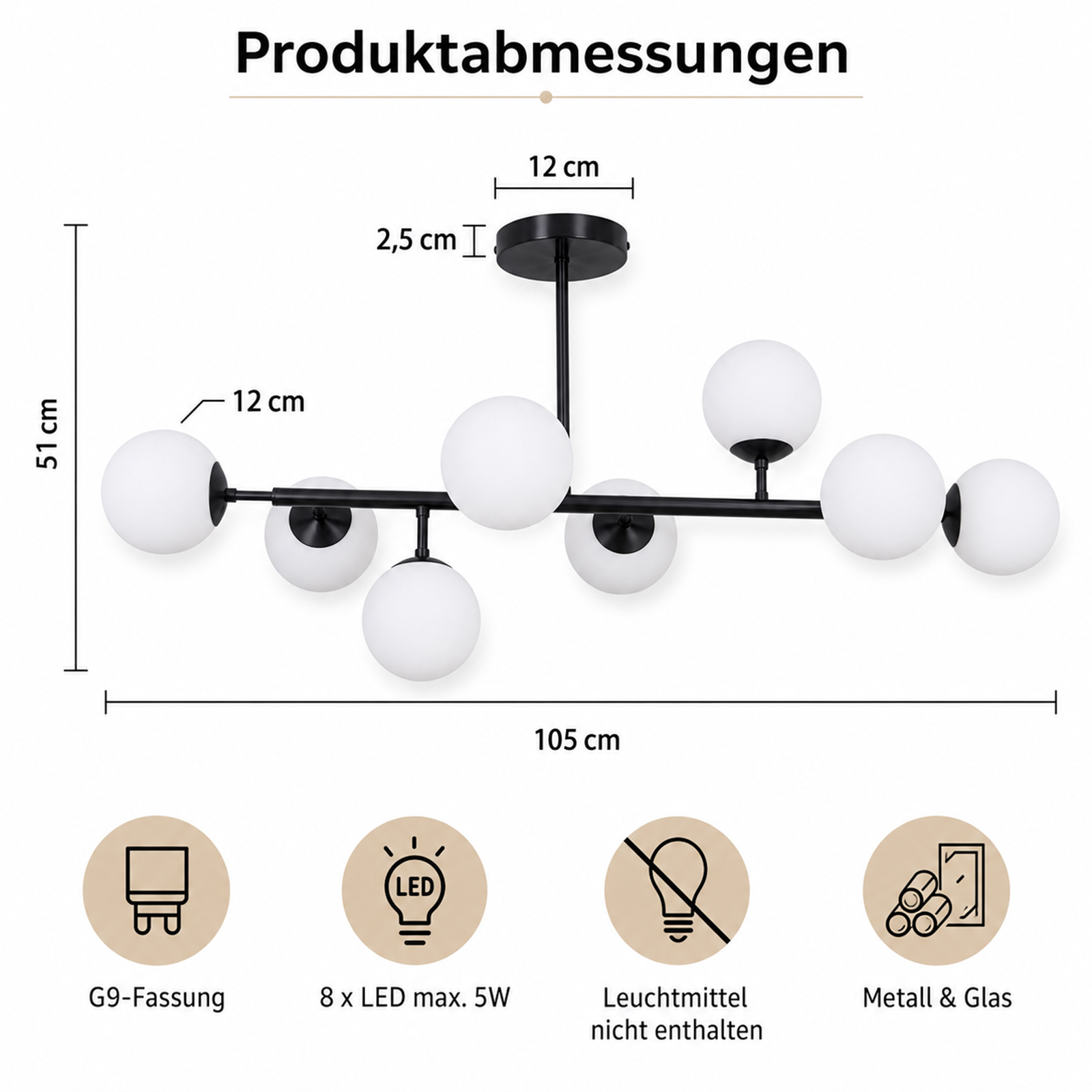 Rysunek techniczny czarnej lampy sufitowej z ośmioma białymi szklanymi kulami o wymiarach 105 x 51 cm.