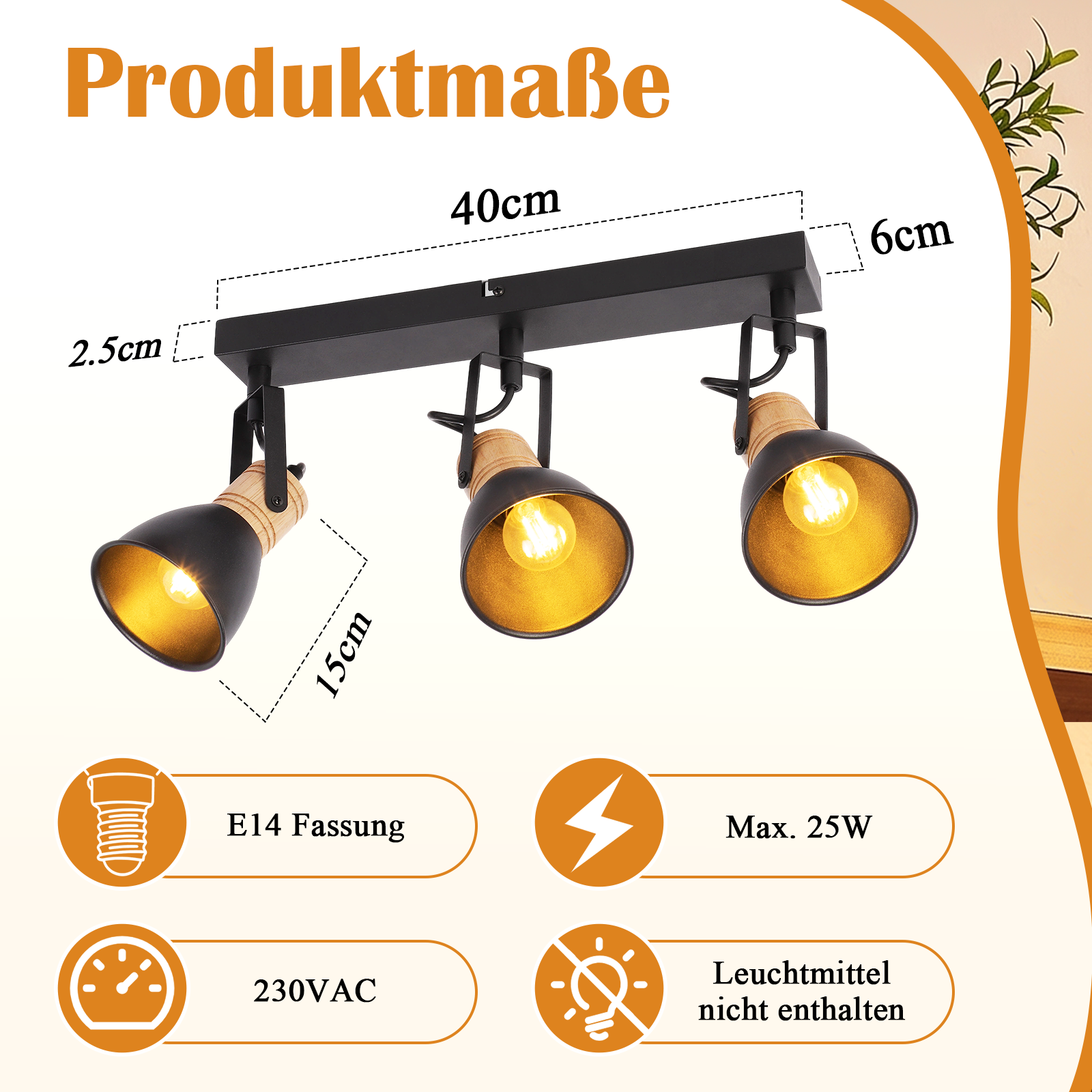 Rysunek techniczny czarnej lampy sufitowej z trzema spotami, drewnianymi detalami i wymiarami.
