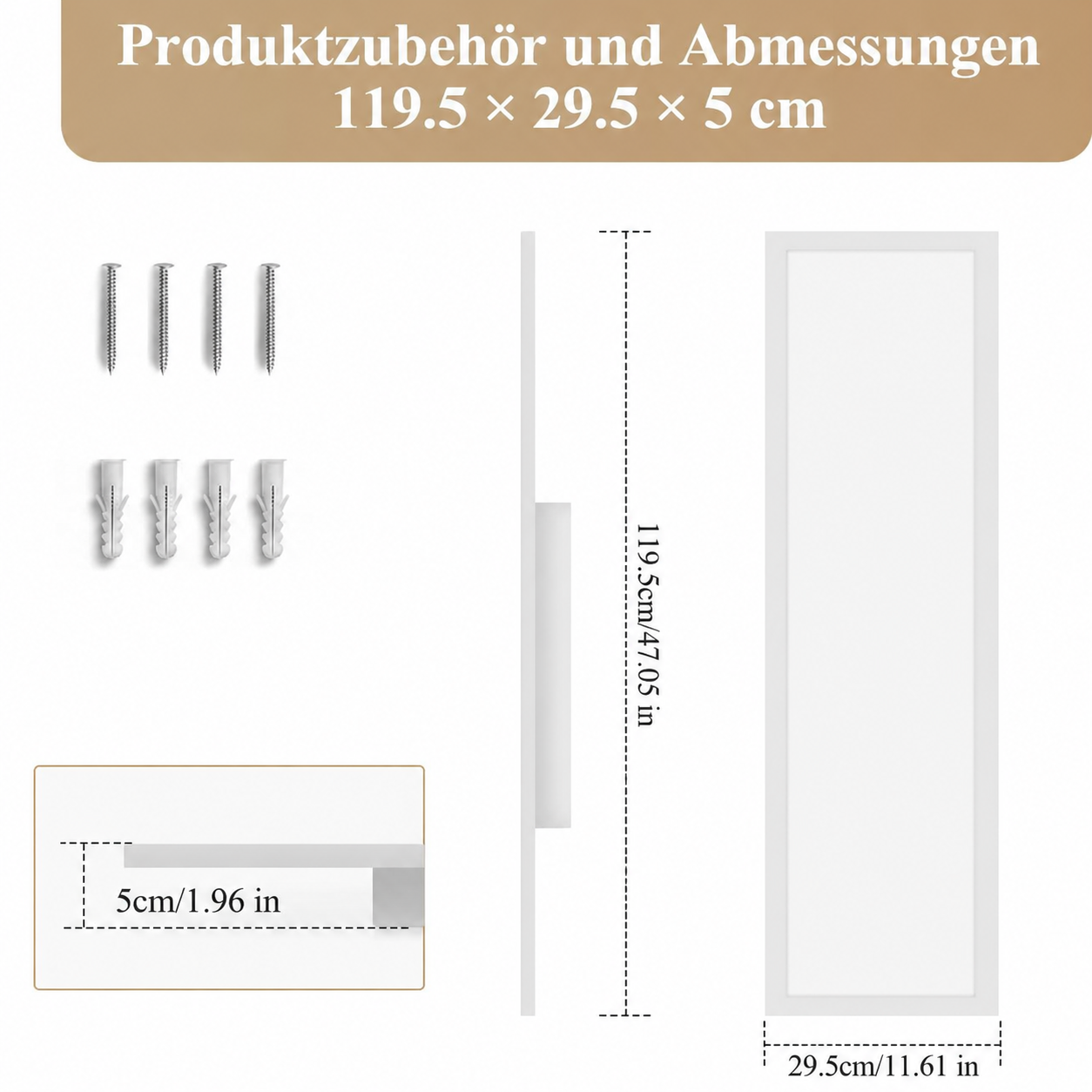 Rysunek techniczny przedstawiający akcesoria produktu i wymiary 119,5 x 29,5 x 5 cm.