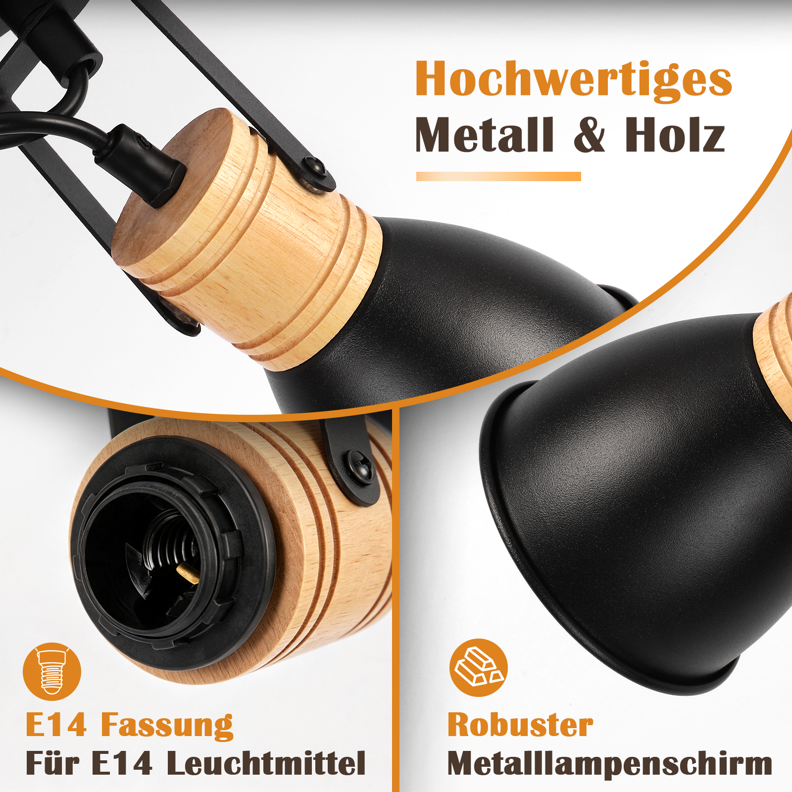 Zbliżenie metalowo-drewnianej lampy z oprawką E14 i czarnym kloszem.