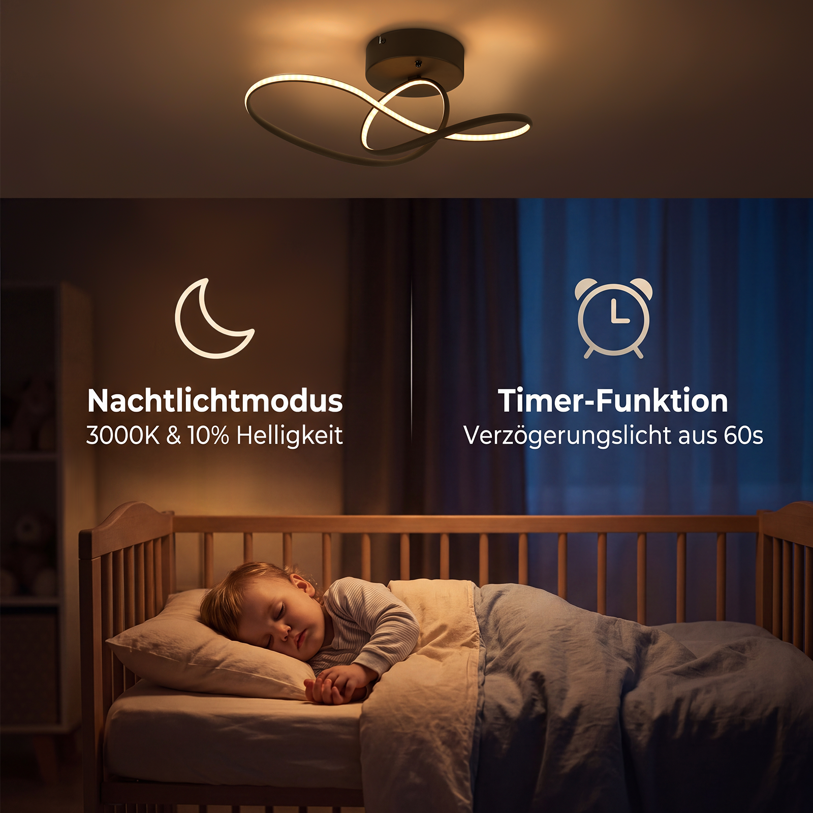 Maluch śpi spokojnie w łóżeczku pod nowoczesną lampą sufitową, z napisami o lampce nocnej i timerze.