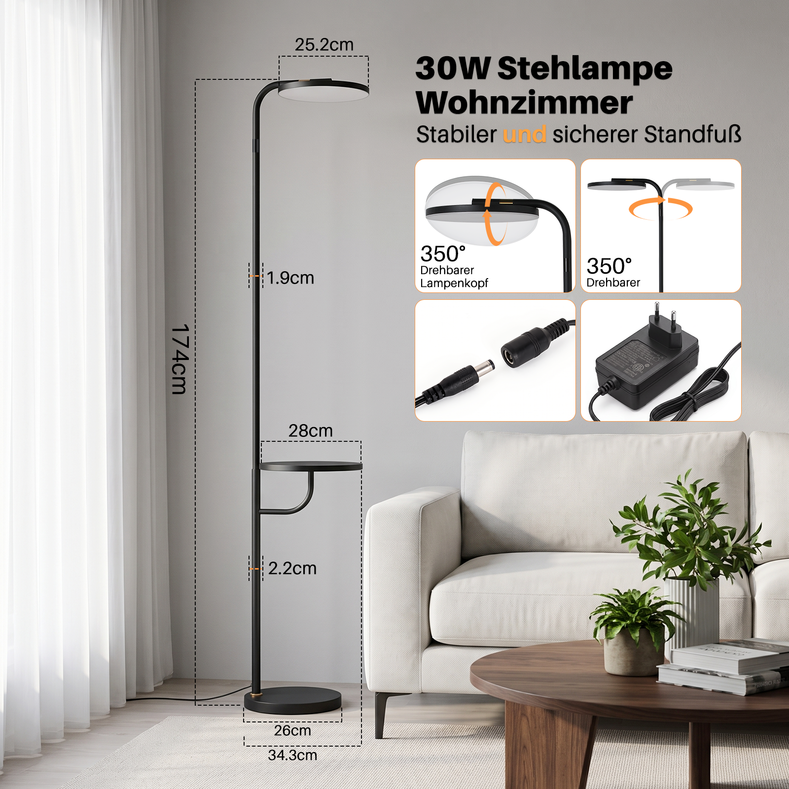 Schemat techniczny czarnej lampy podłogowej 30W z wymiarami, regulowaną głowicą, kablem i zasilaczem obok kanapy.