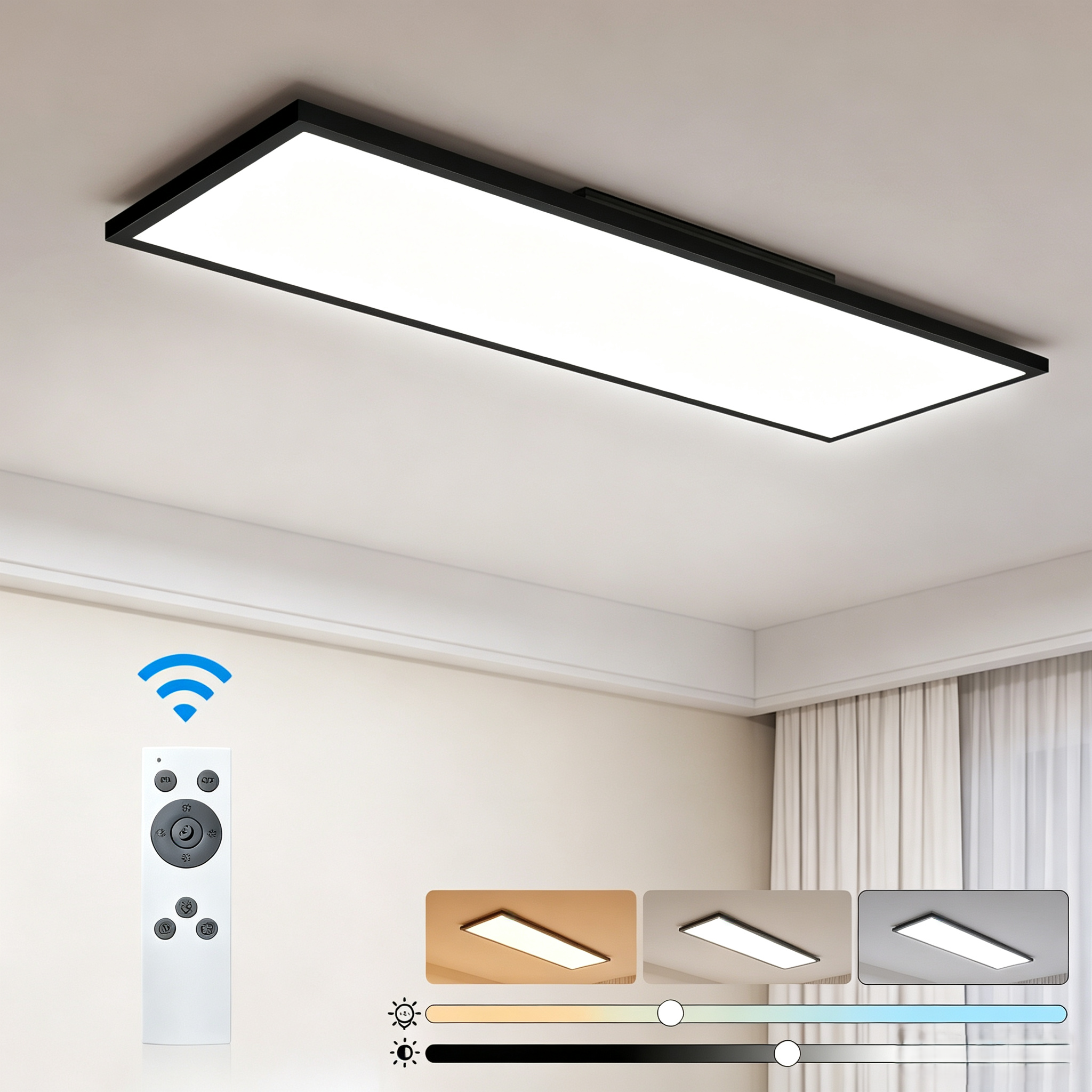 Prostokątna czarna lampa sufitowa LED z pilotem, pokazująca różne temperatury barwowe.