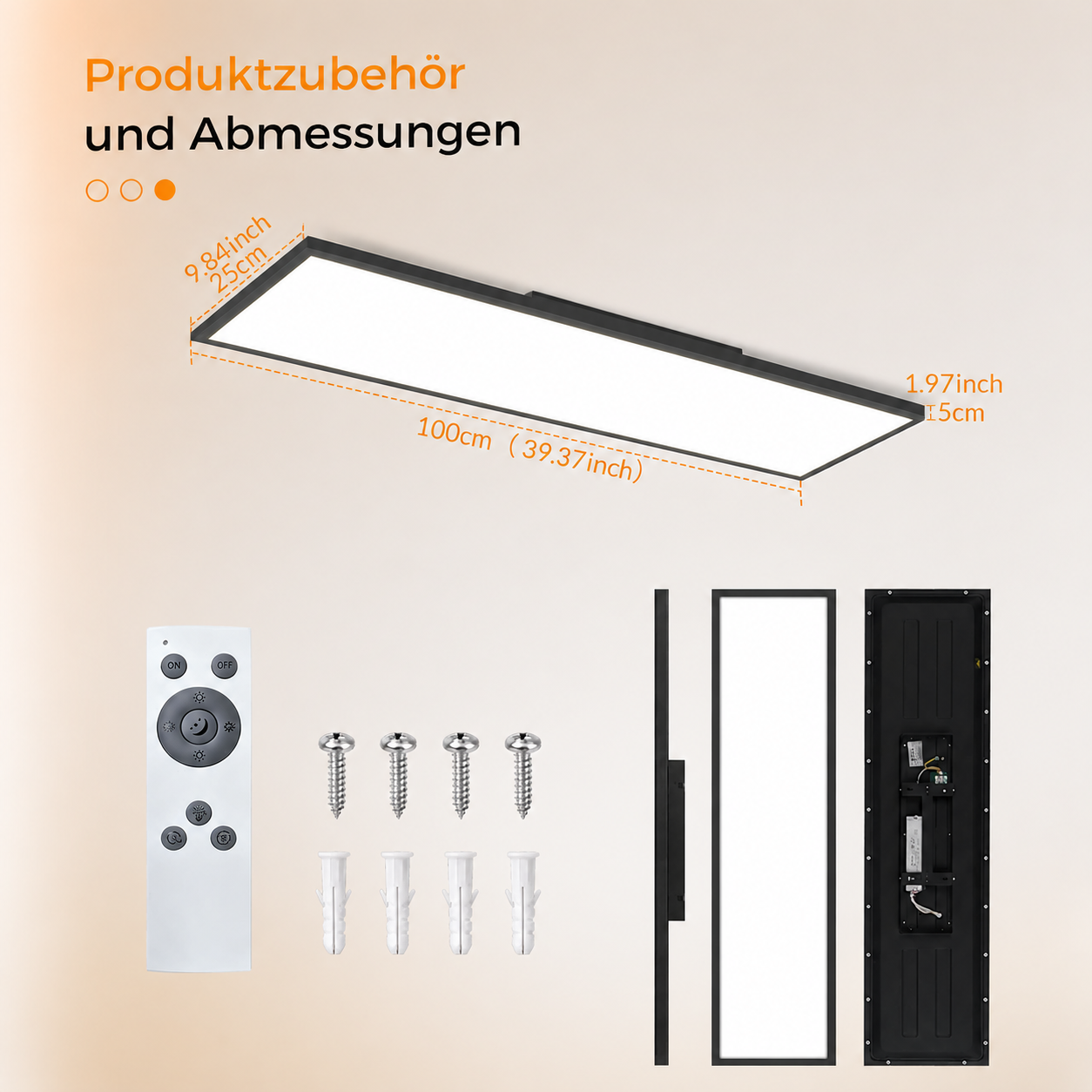 Diagram przedstawia wymiary i akcesoria czarnej lampy sufitowej LED z pilotem i śrubami.