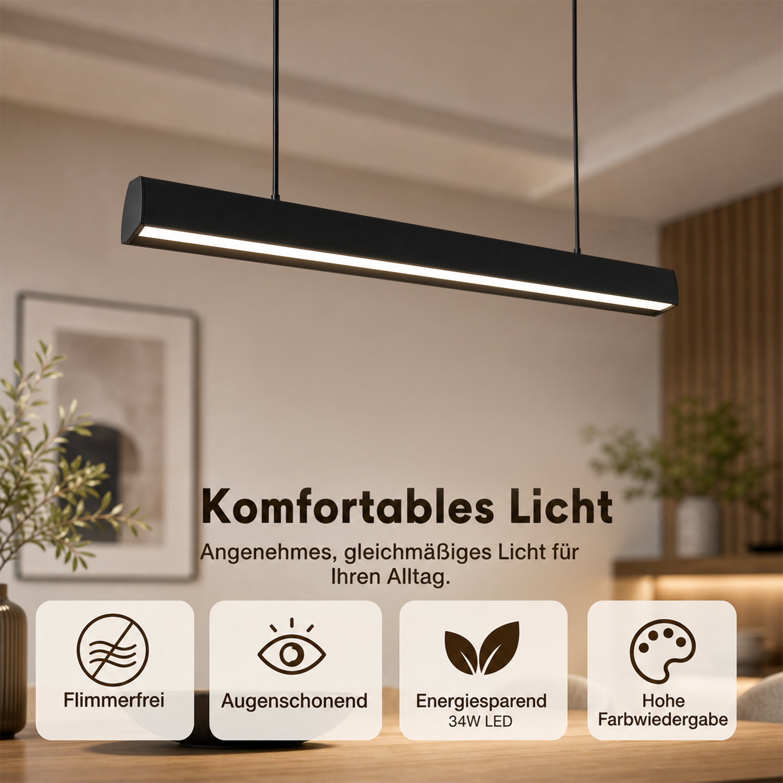 Czarna lampa wisząca LED nad drewnianym stołem z czterema ikonami: bez migotania, przyjazna dla oczu, energooszczędna.