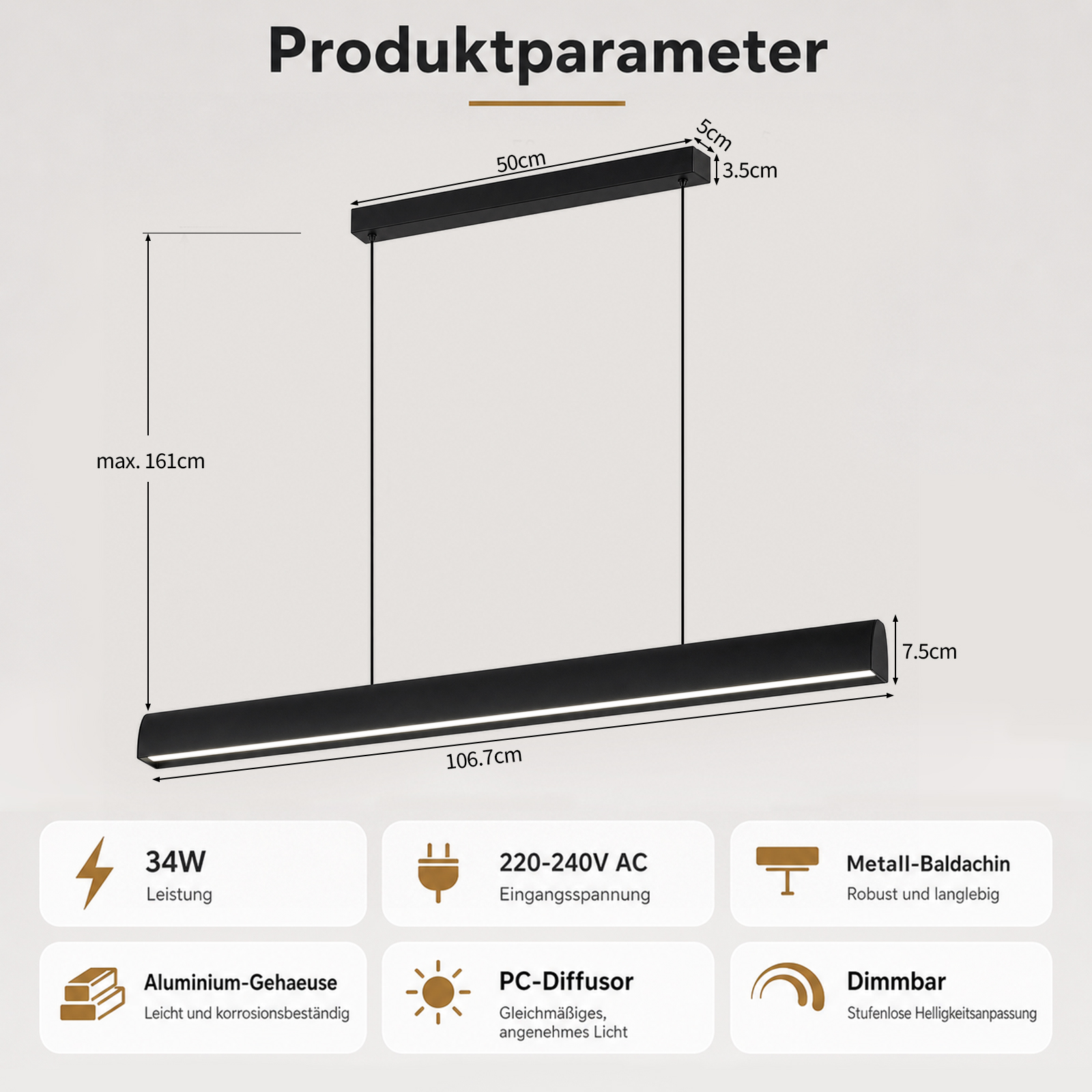 Rysunek techniczny czarnej lampy wiszącej LED z wymiarami i szczegółami produktu.