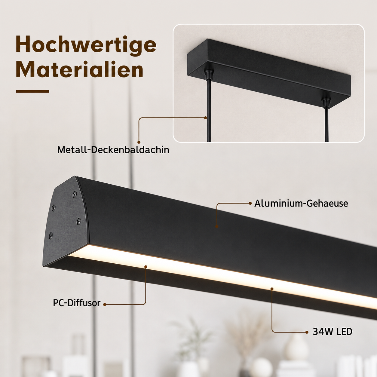 Schemat przedstawiający materiały czarnej lampy wiszącej LED z obudową aluminiową, dyfuzorem PC i podsufitką.