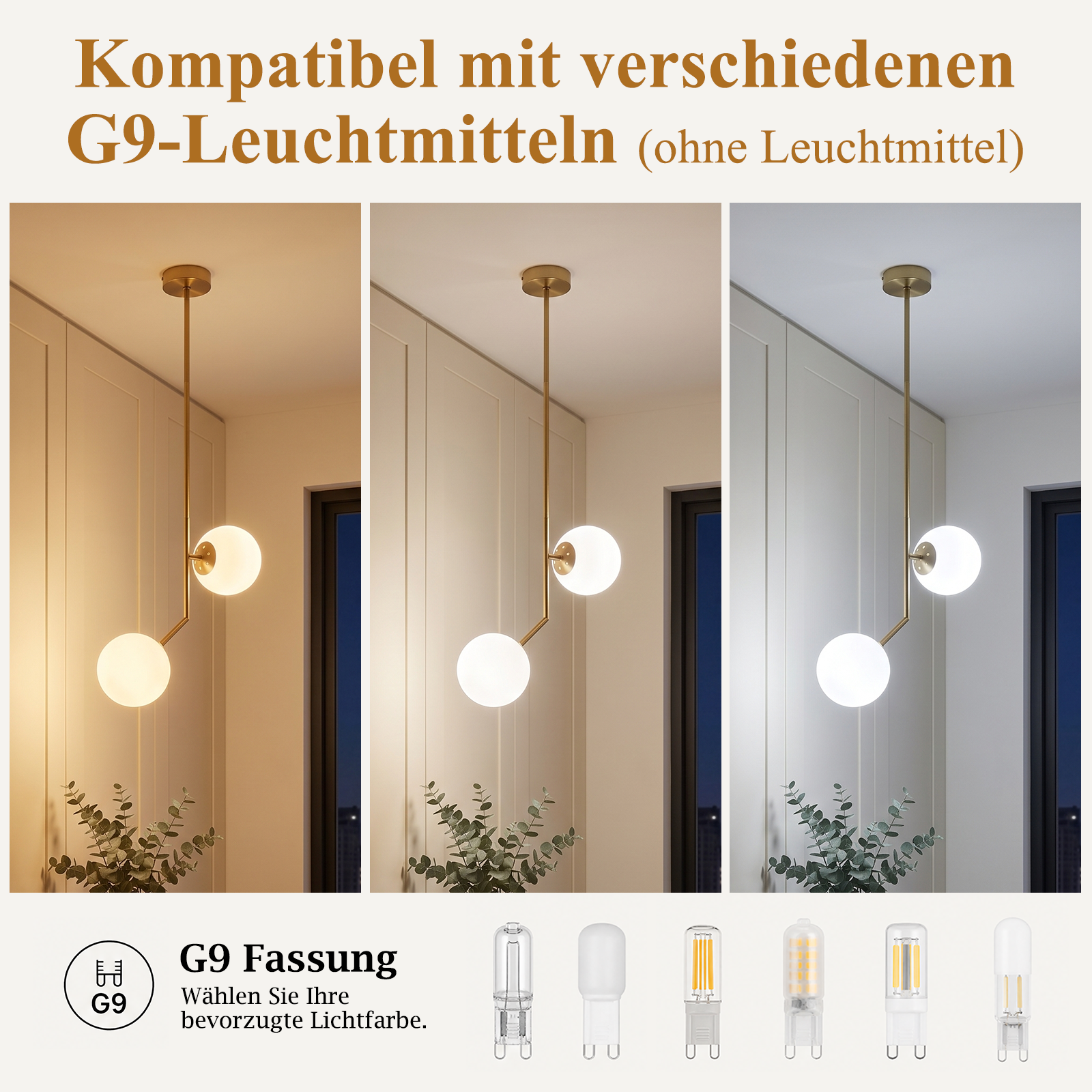 Złota lampa wisząca z dwoma okrągłymi szklanymi kloszami, kompatybilna z żarówkami G9.