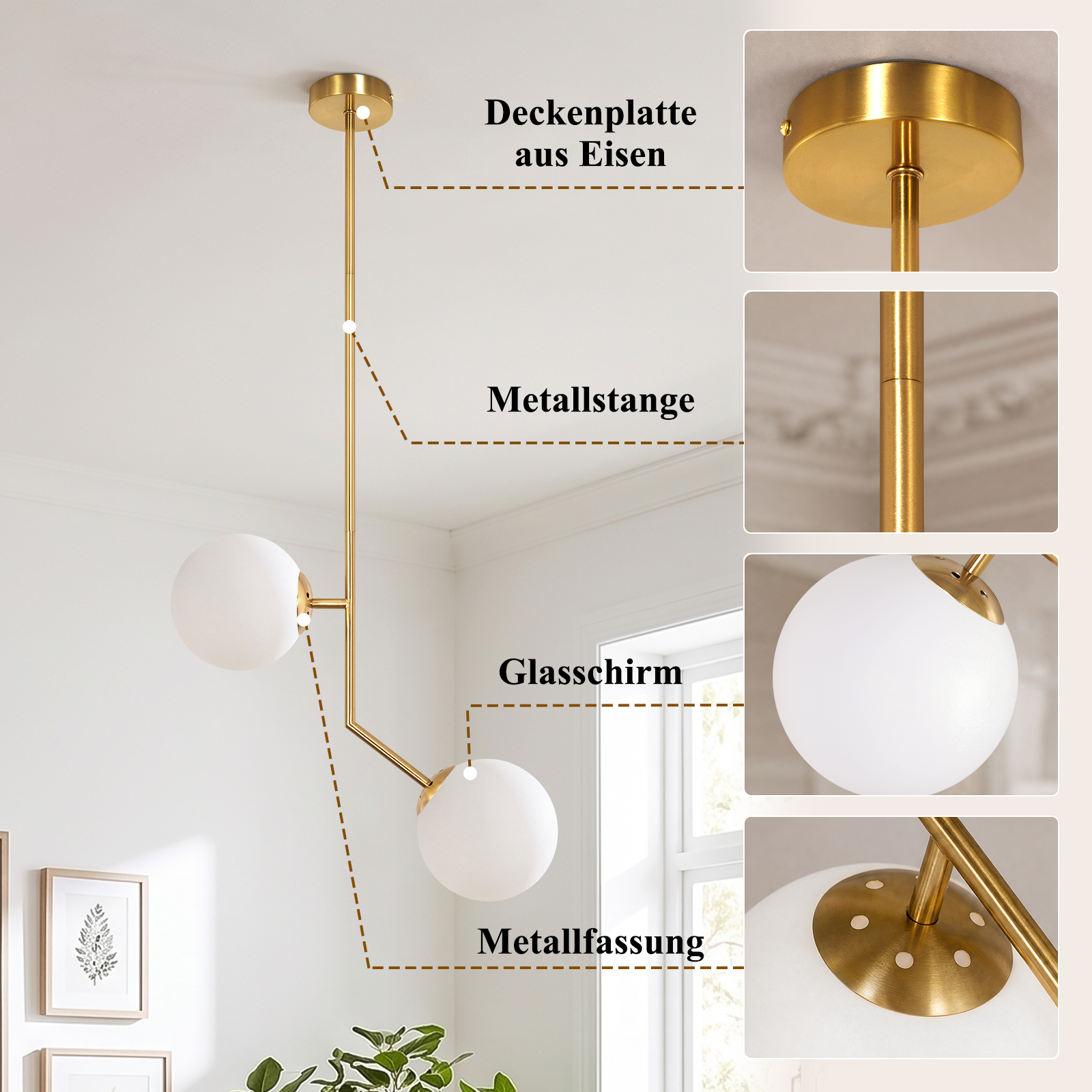 Złota lampa wisząca z dwoma białymi szklanymi kulami oraz zbliżeniami na mocowanie, drążek i klosz.