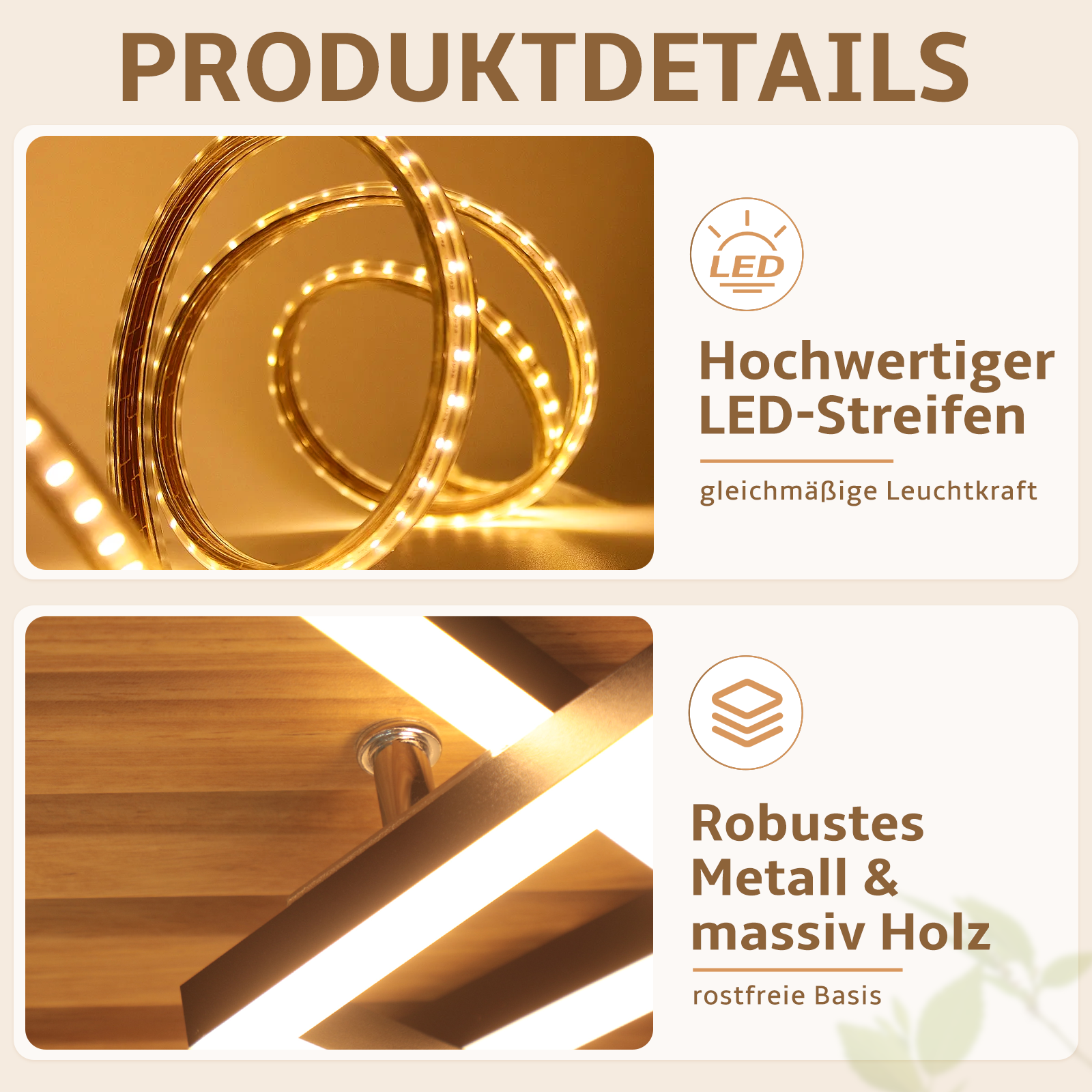 Szczegóły produktu przedstawiające wysokiej jakości pasek LED oraz solidną konstrukcję z metalu i drewna.