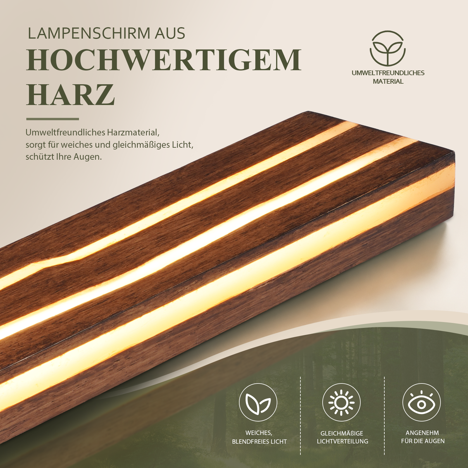 Drewniana lampa ze świecącymi paskami żywicy, ekologiczny materiał i niemiecki tekst o miękkim świetle.