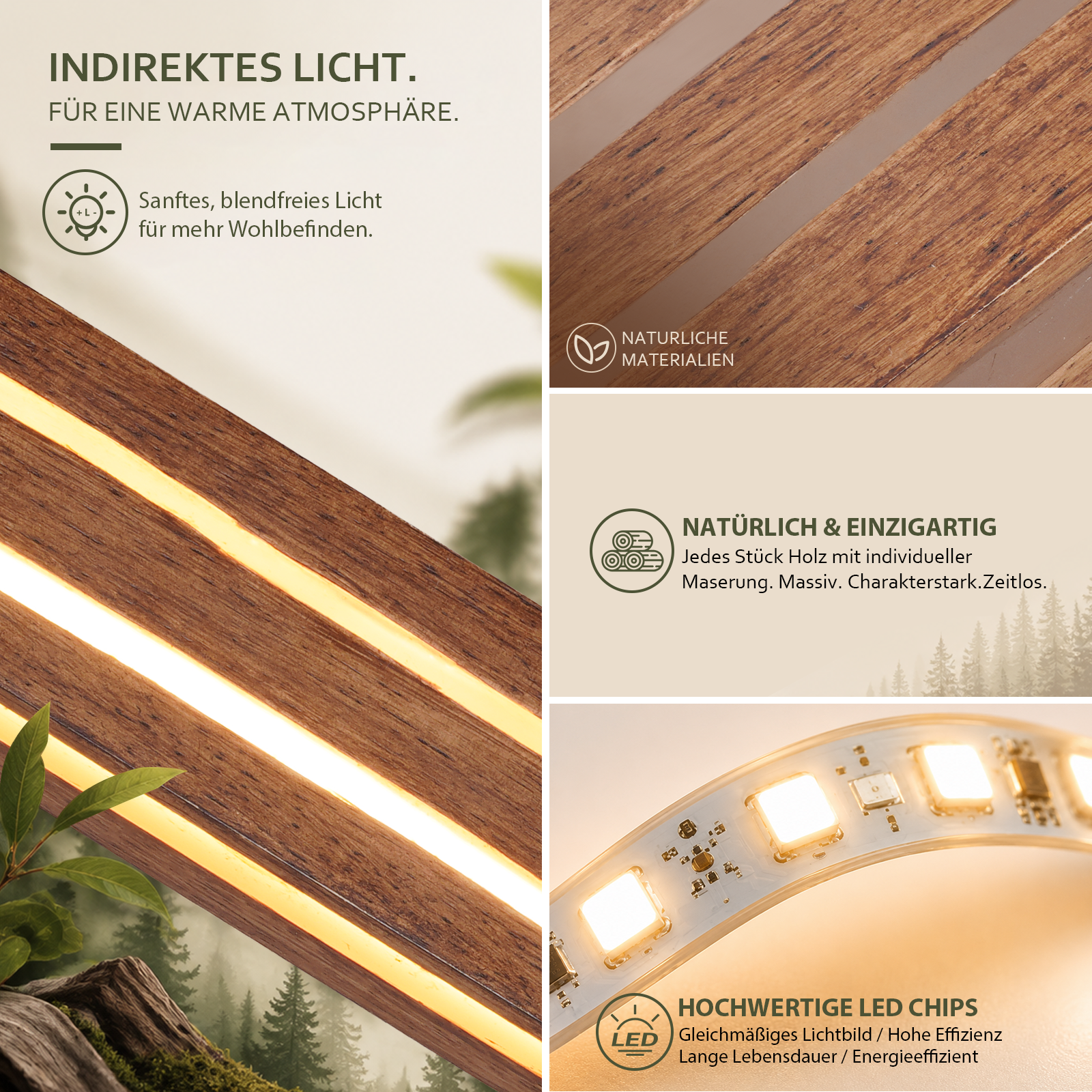 Reklama produktu oświetlenia LED z drewnem i materiałami naturalnymi.