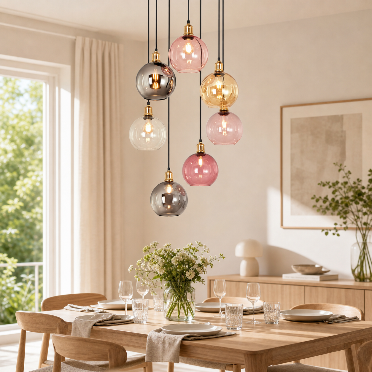 Una elegante lámpara colgante con esferas de vidrio de colores sobre una mesa de comedor en una habitación luminosa.