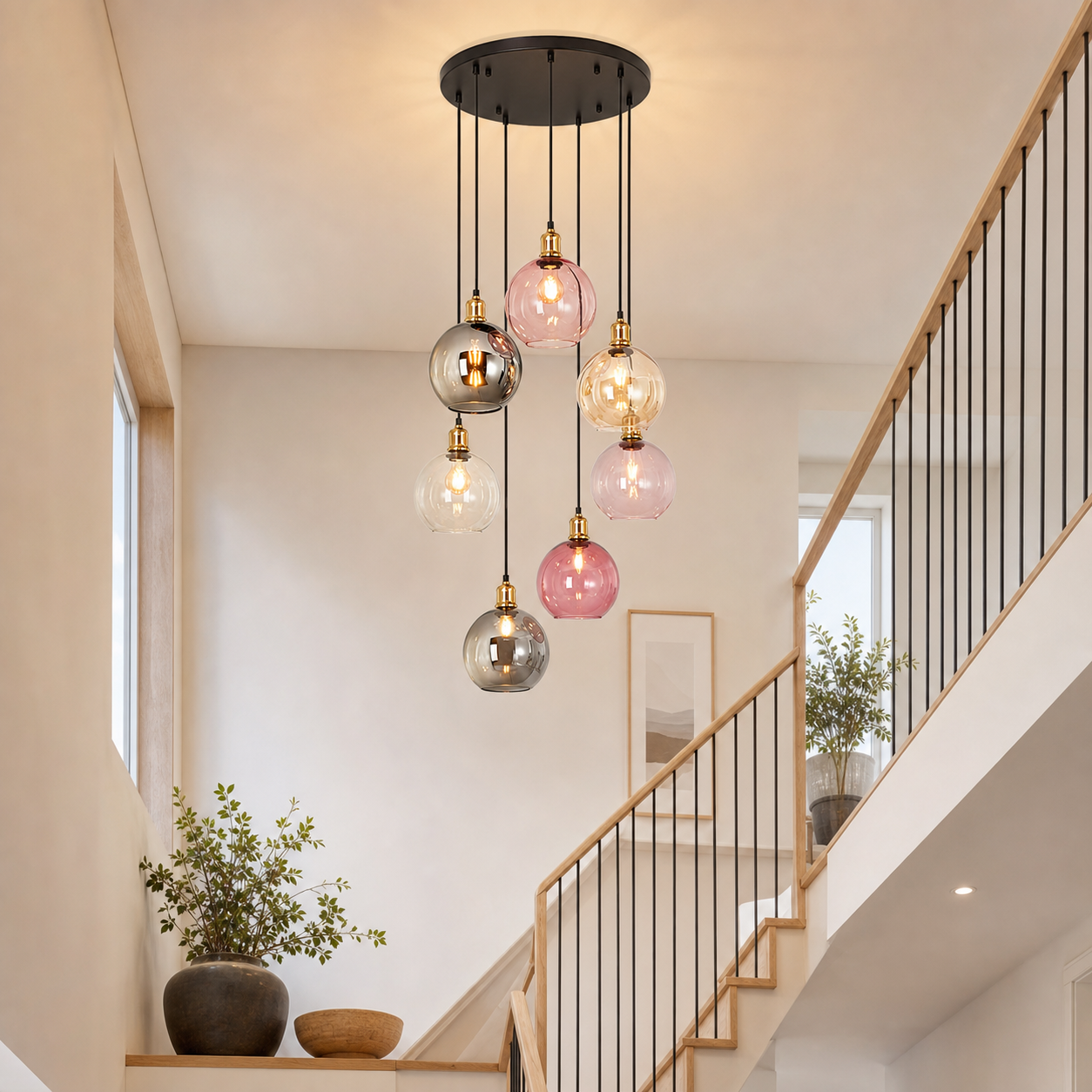 Una moderna lÃ¡mpara colgante con esferas de vidrio de colores cuelga en una escalera abierta y luminosa.