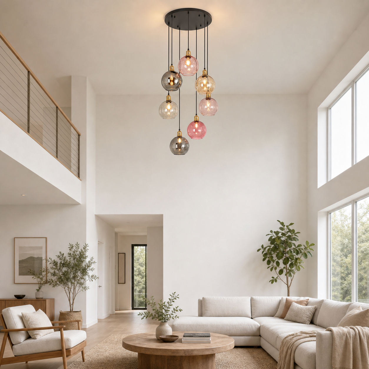 Lámpara colgante moderna con esferas de vidrio de colores en una sala de estar alta y luminosa.