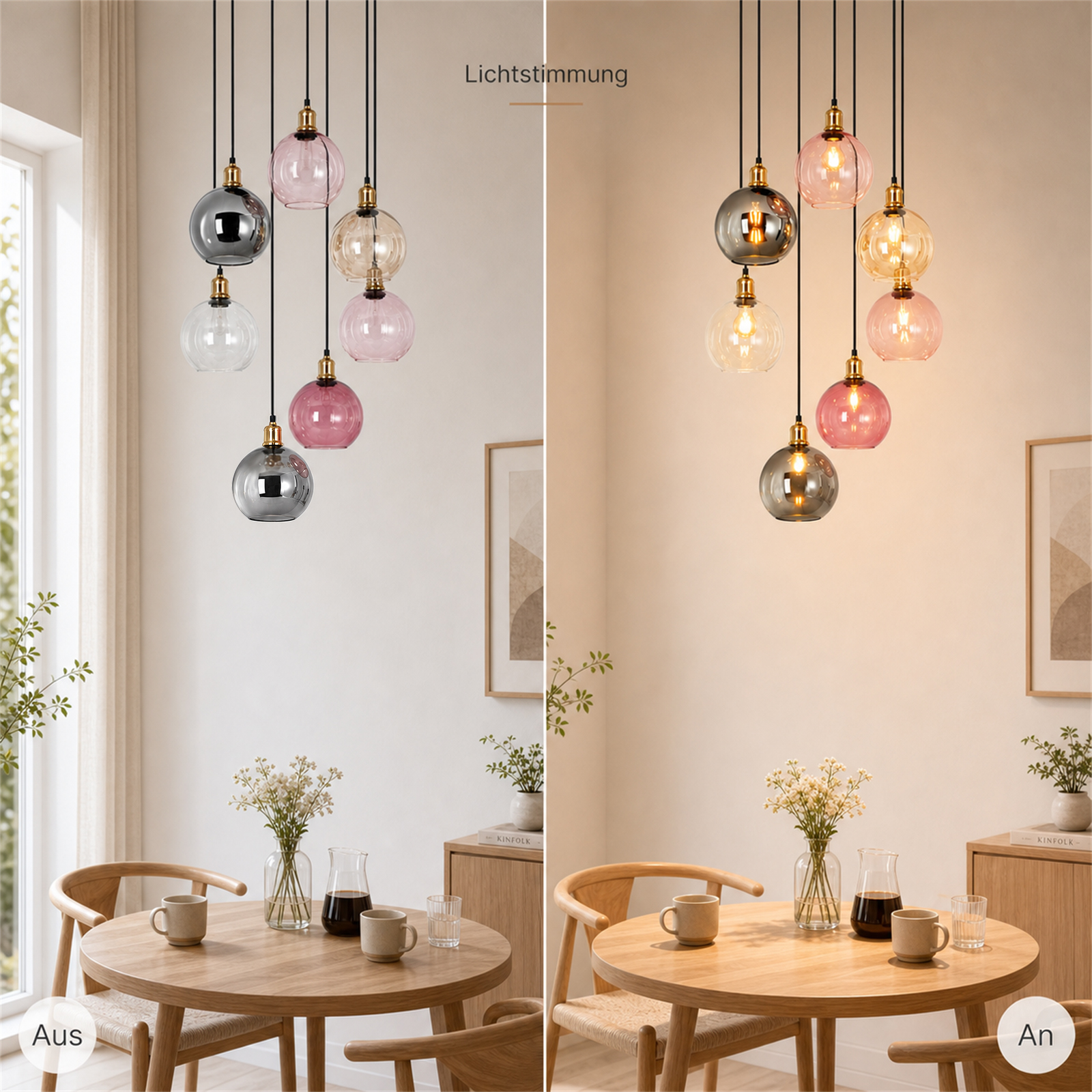 Comparación de una lámpara colgante de globos sobre una mesa de madera, apagada a la izquierda y encendida a la derecha.