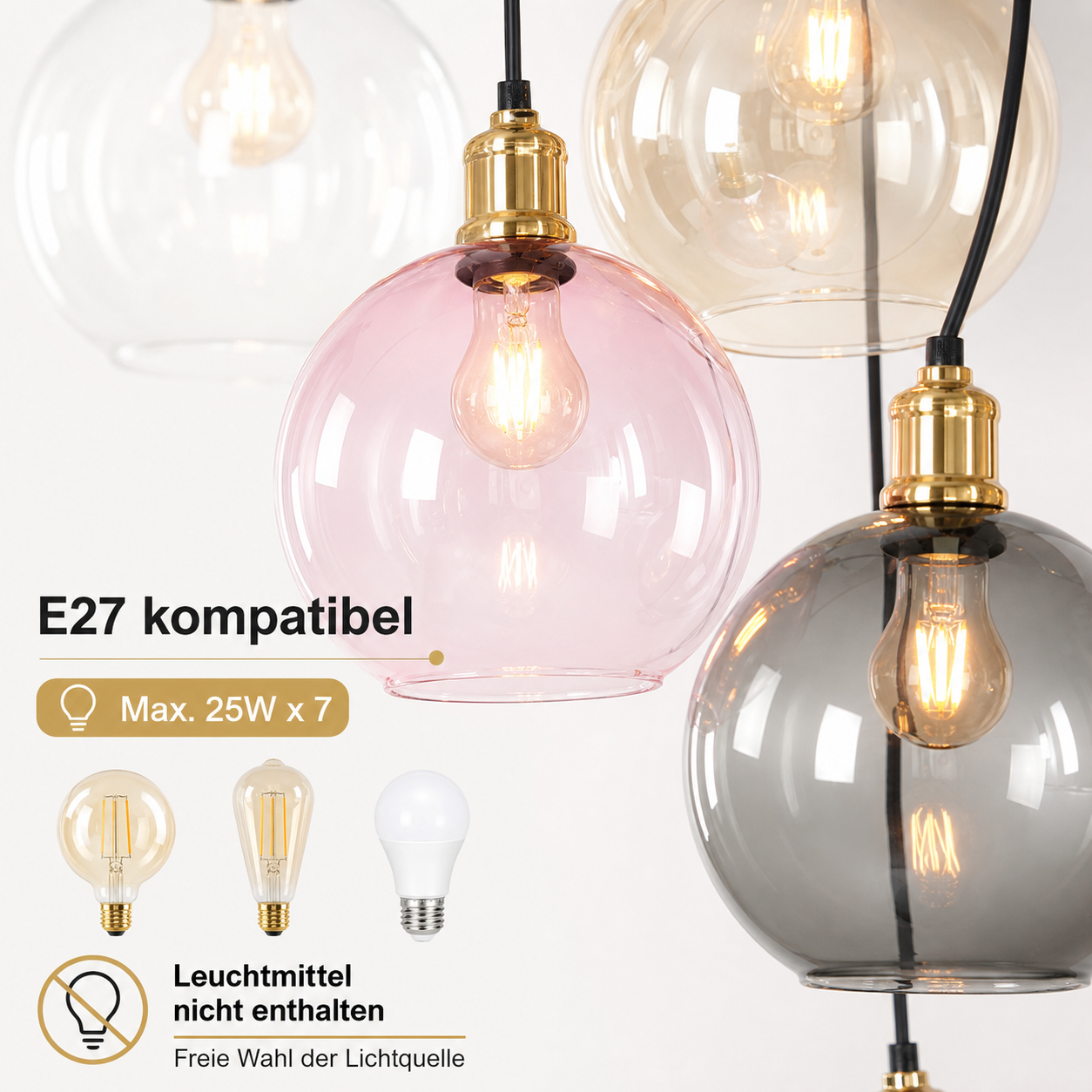 Lámpara colgante multicolor con globos de vidrio redondo en rosa, gris, amarillo y transparente con casquillo E27.
